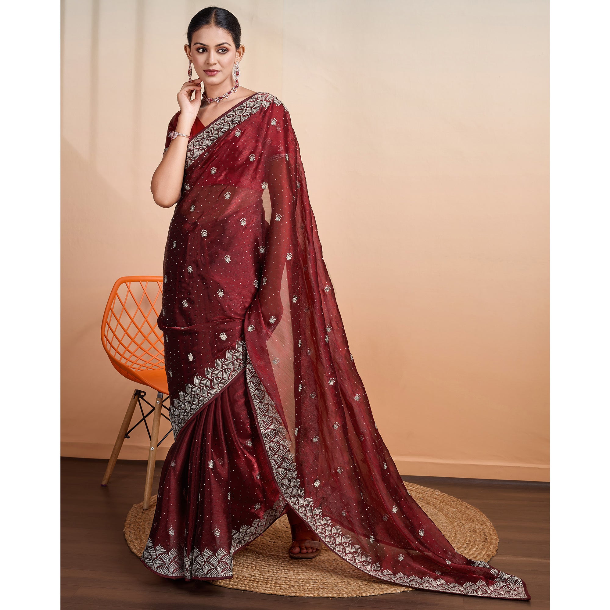 Wine Embroidered Tussar Silk Saree