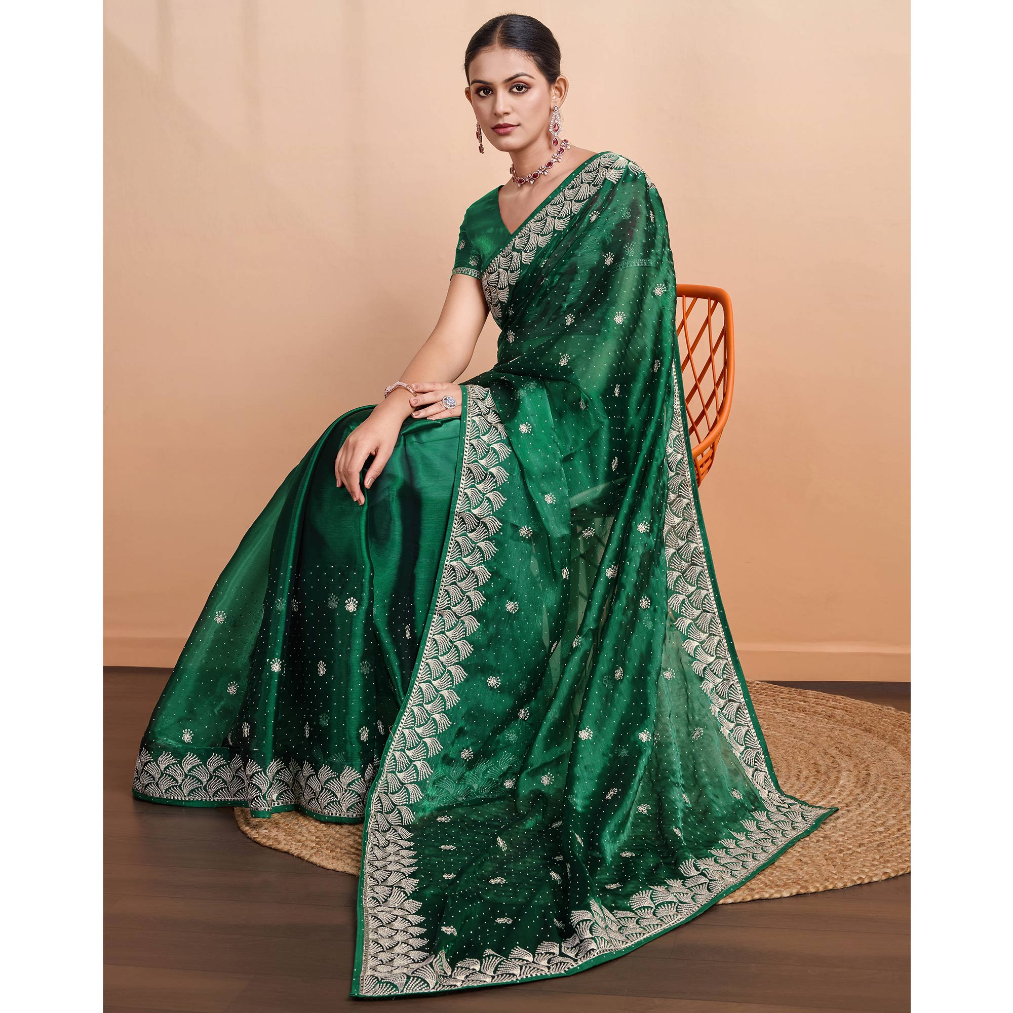 Green Embroidered Tussar Silk Saree - Image 5