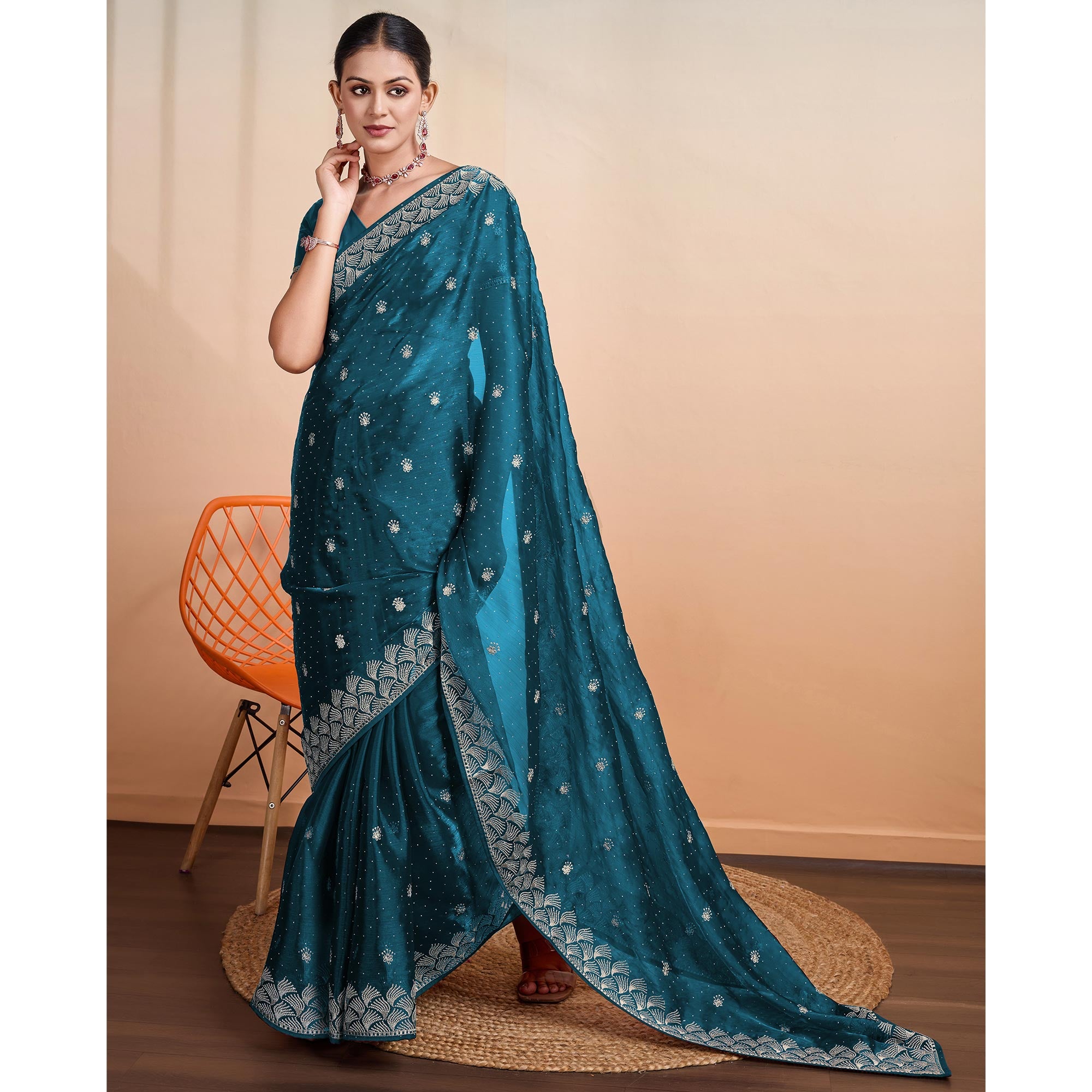 Teal Embroidered Tussar Silk Saree