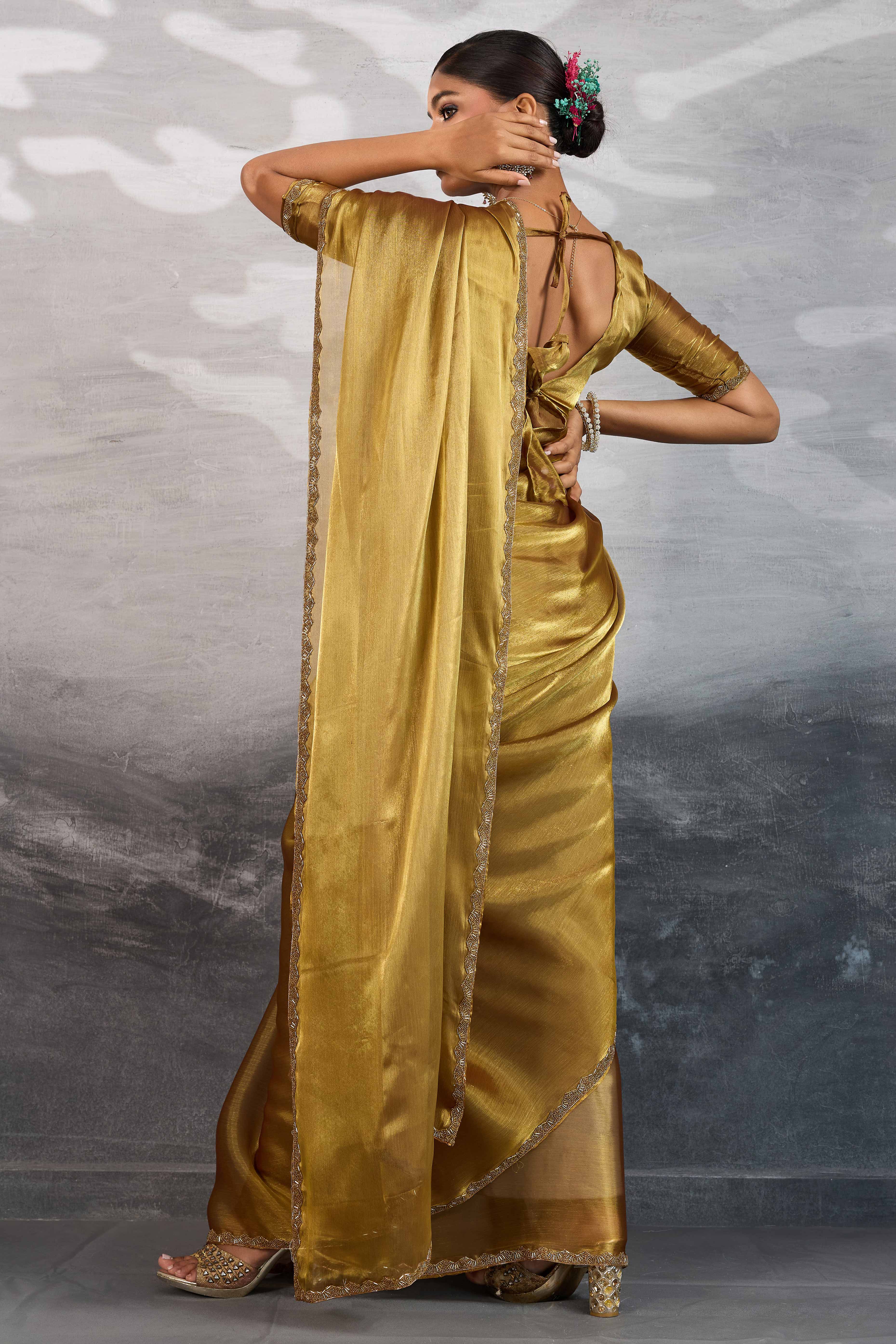 Solid Gold Chiffon Saree Featuring Beads Embellished Border