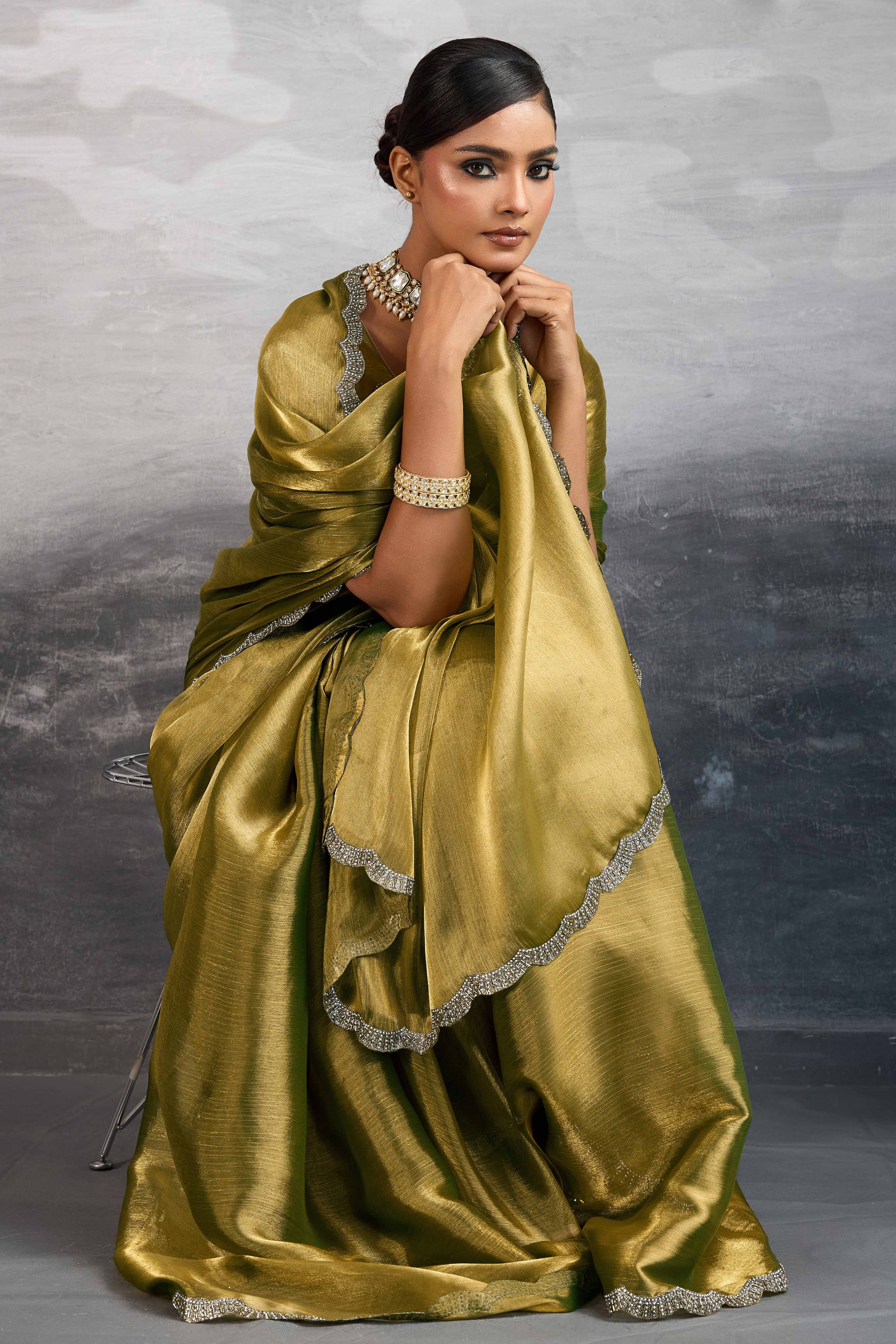 Gold Burberry Chiffon Saree Embellished With Zarkan & Cutdana Appliqué Lace Border