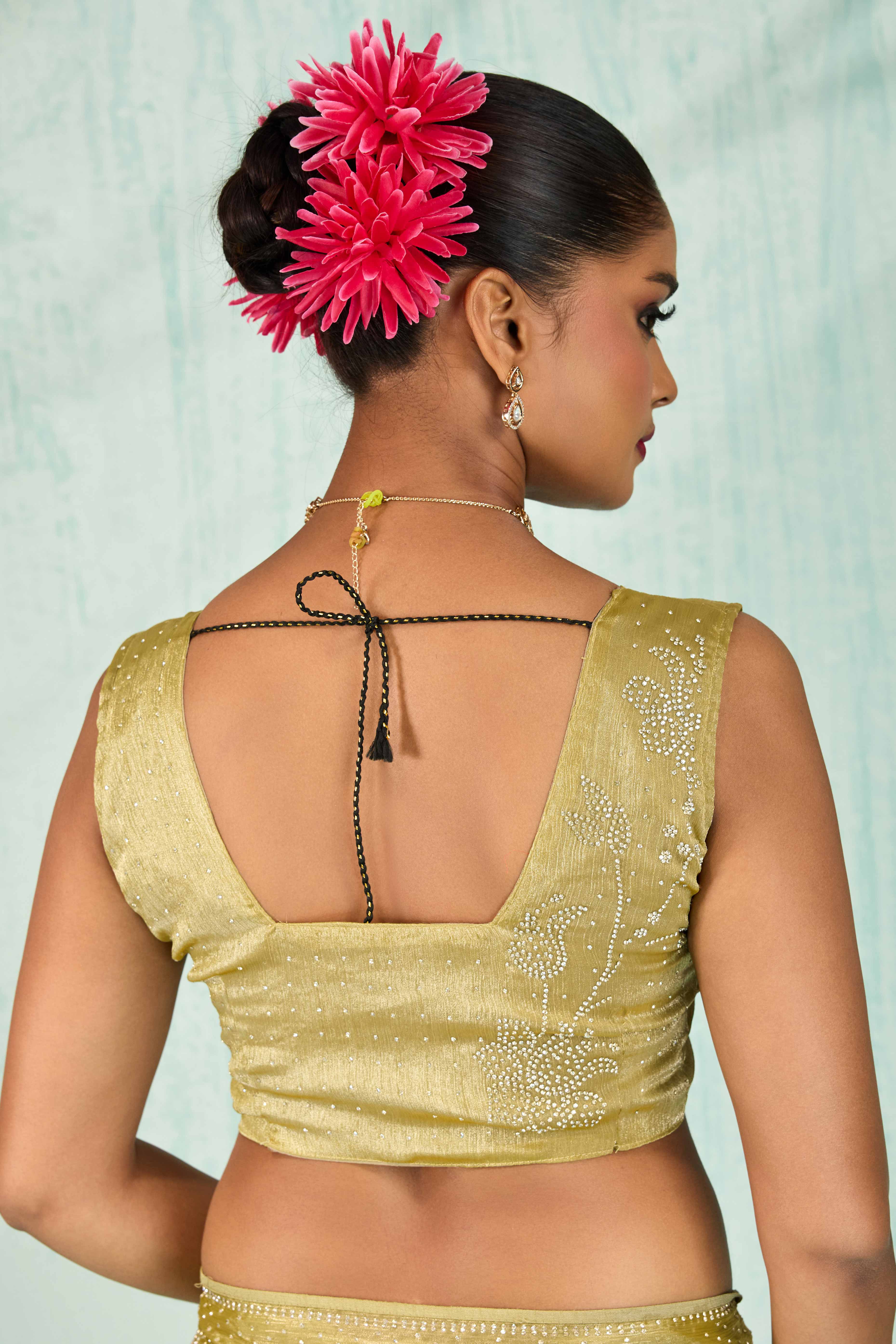 Elegant Party Wear Saree in Olive Chiffon with Stone Embellishment