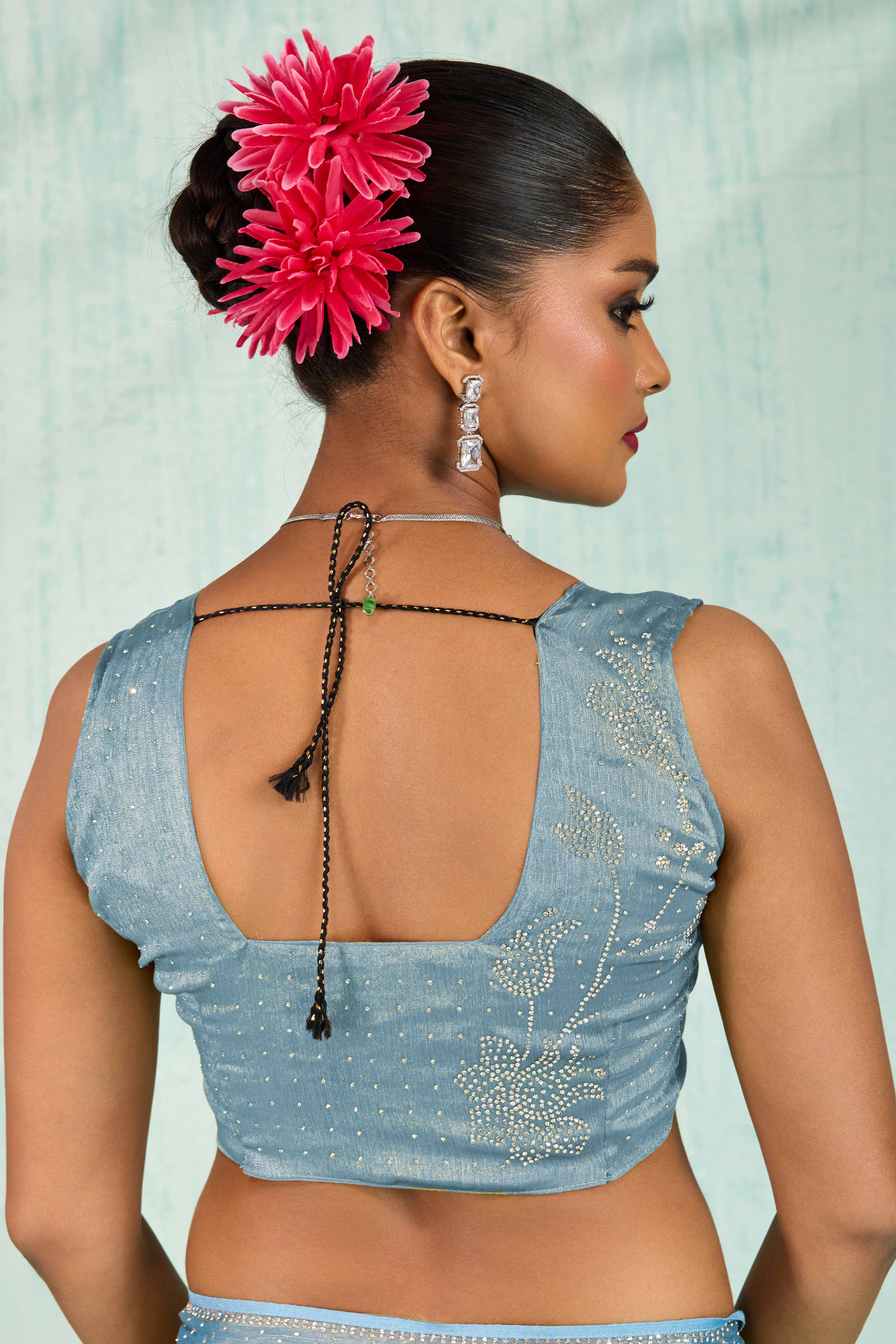 Elegant Party Wear Saree in Blue Chiffon with Stone Embellishment