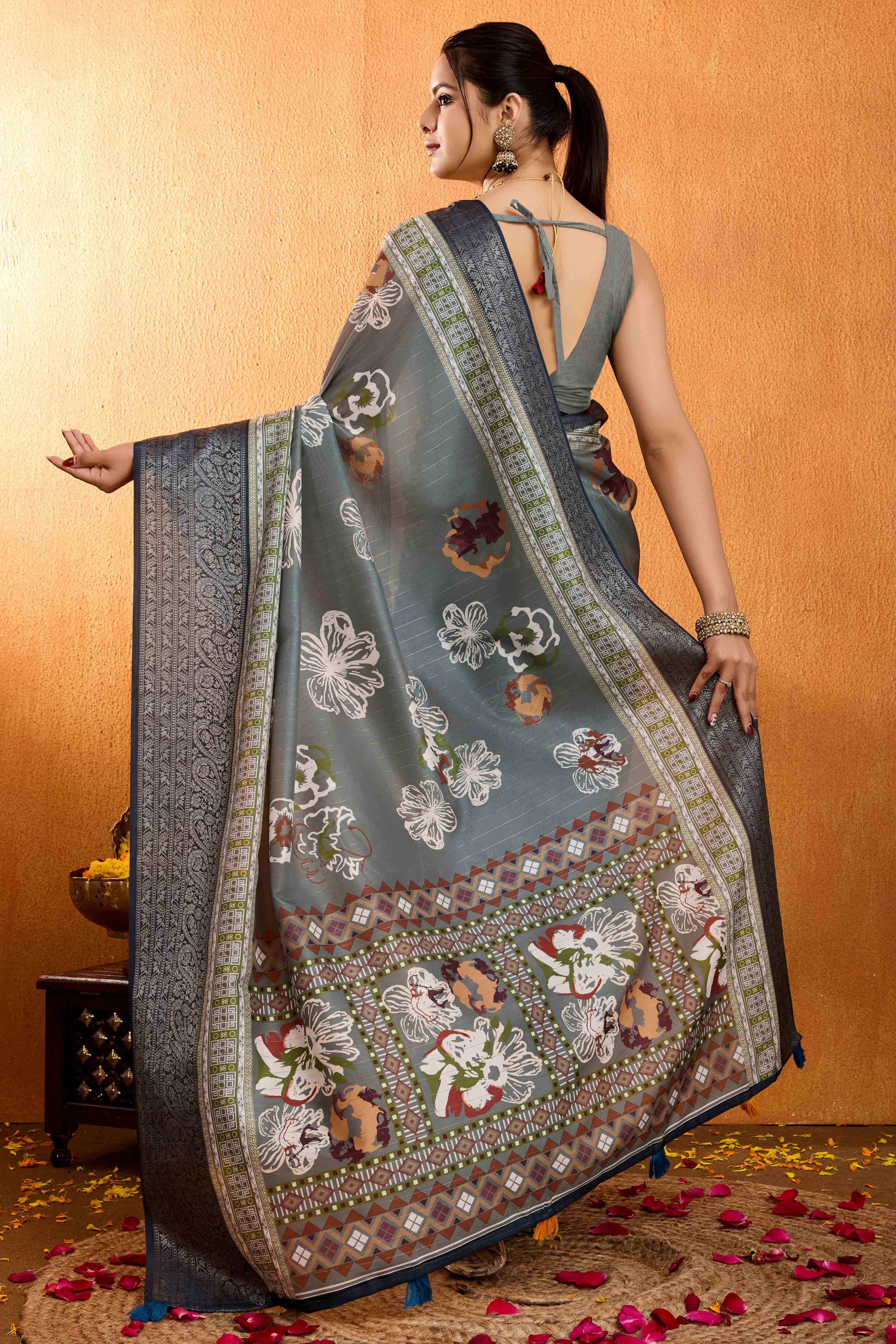 Grey Floral Printed Crepe Saree With Rich Zari Border