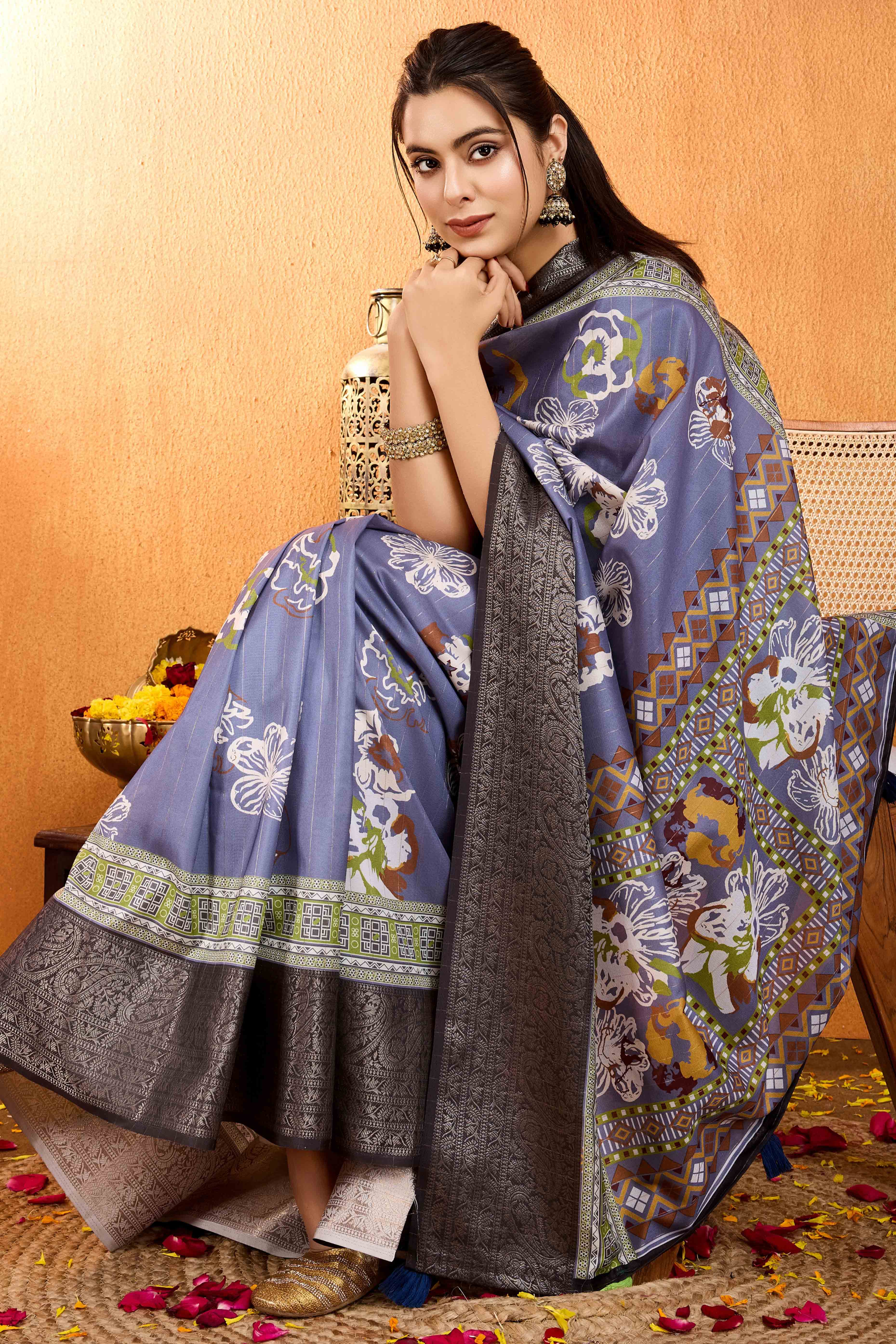 Lavender Floral Printed Crepe Saree With Rich Zari Border