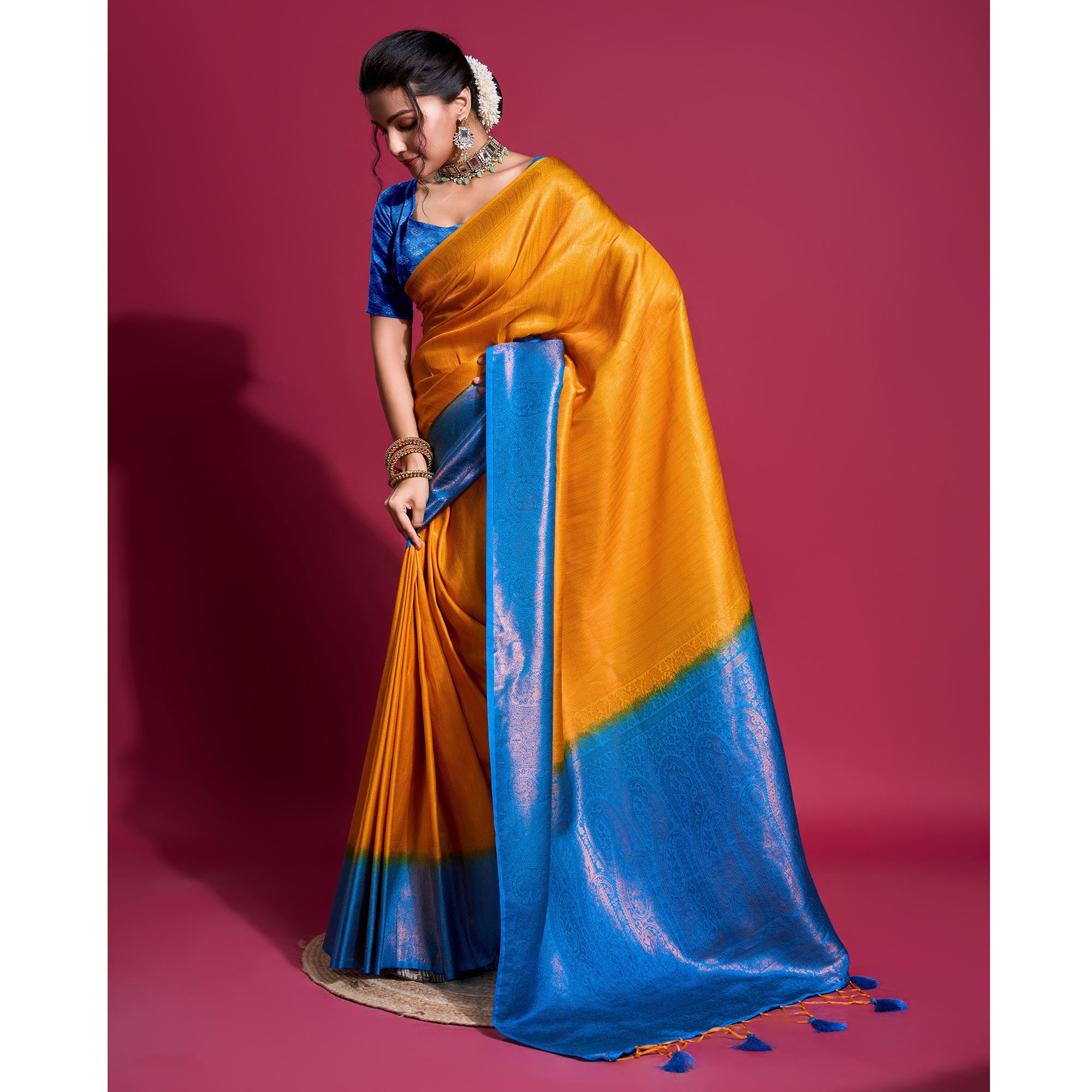 Yellow & Blue Woven Kanjivaram Silk Saree With Tassels