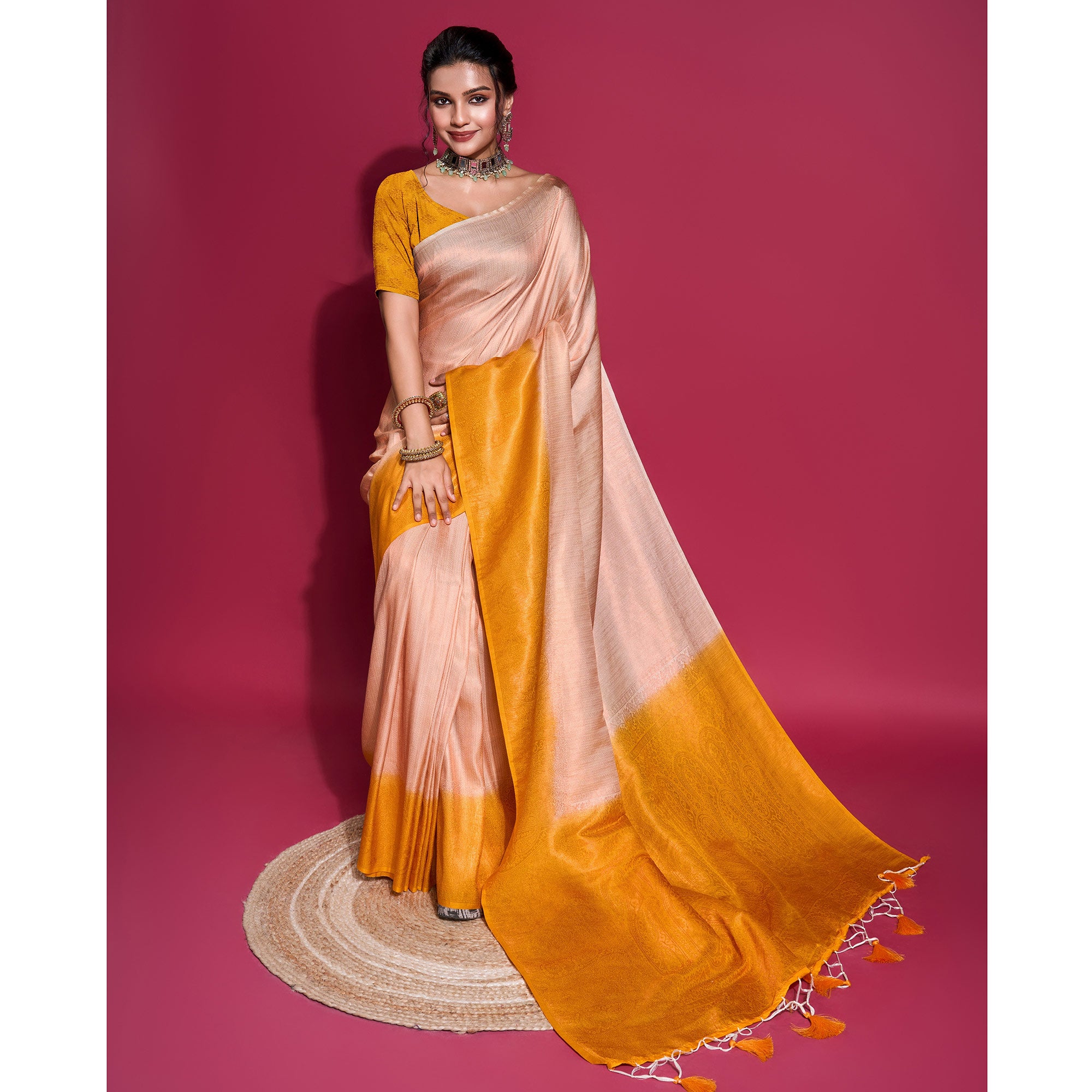 Peach & Yellow Woven Kanjivaram Silk Saree With Tassels