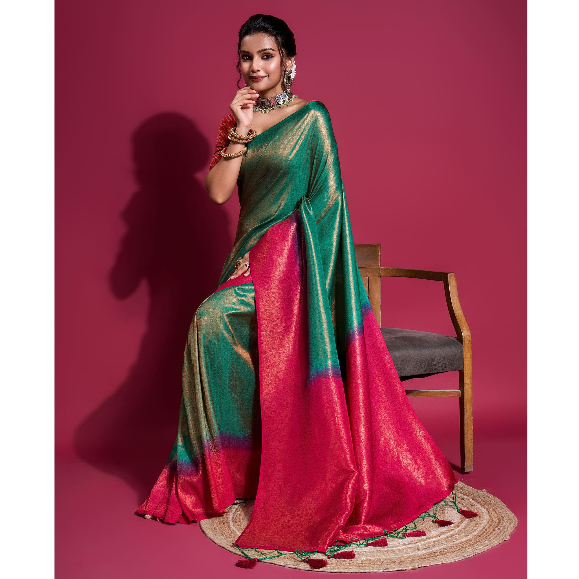 Green & Pink Woven Kanjivaram Silk Saree With Tassels