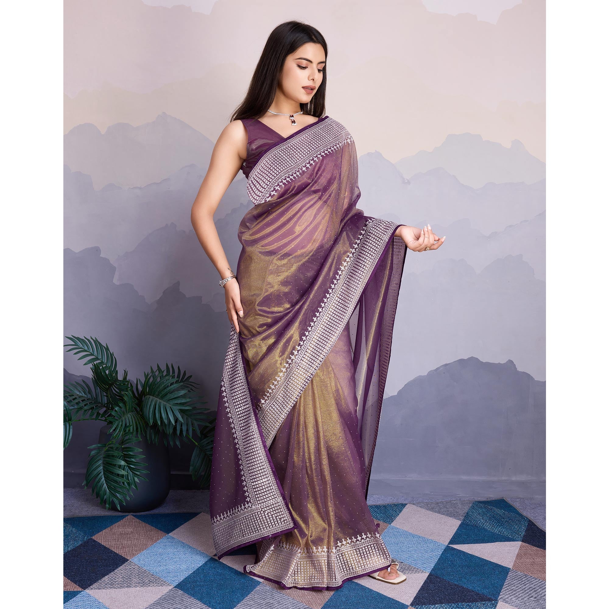 Purple Swarovski Work Embroidered Net Saree