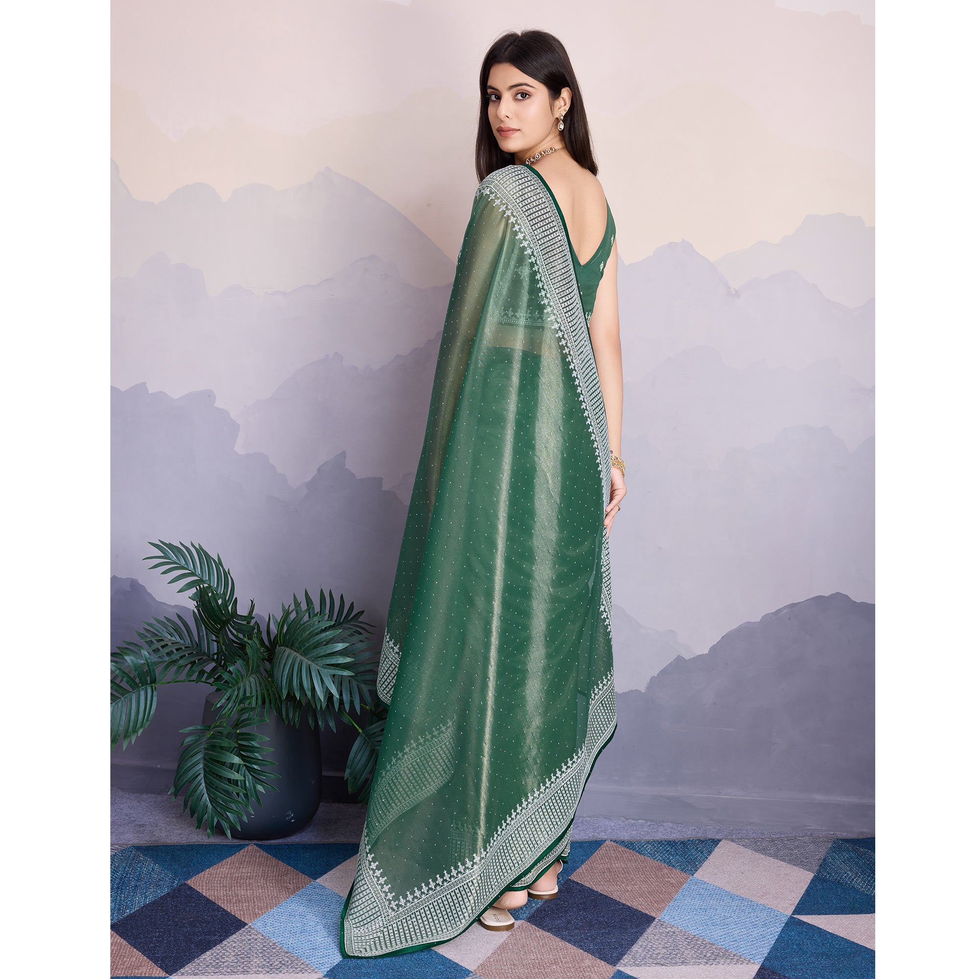 Green Swarovski Work Embroidered Net Saree