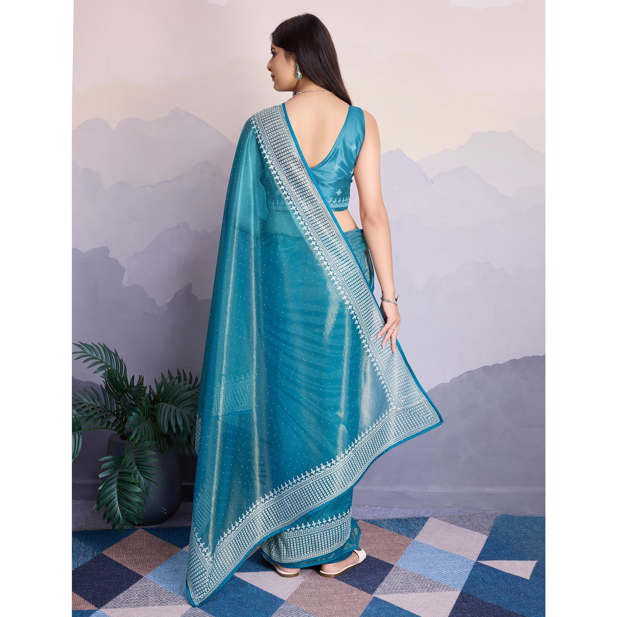 Blue Swarovski Work Embroidered Net Saree