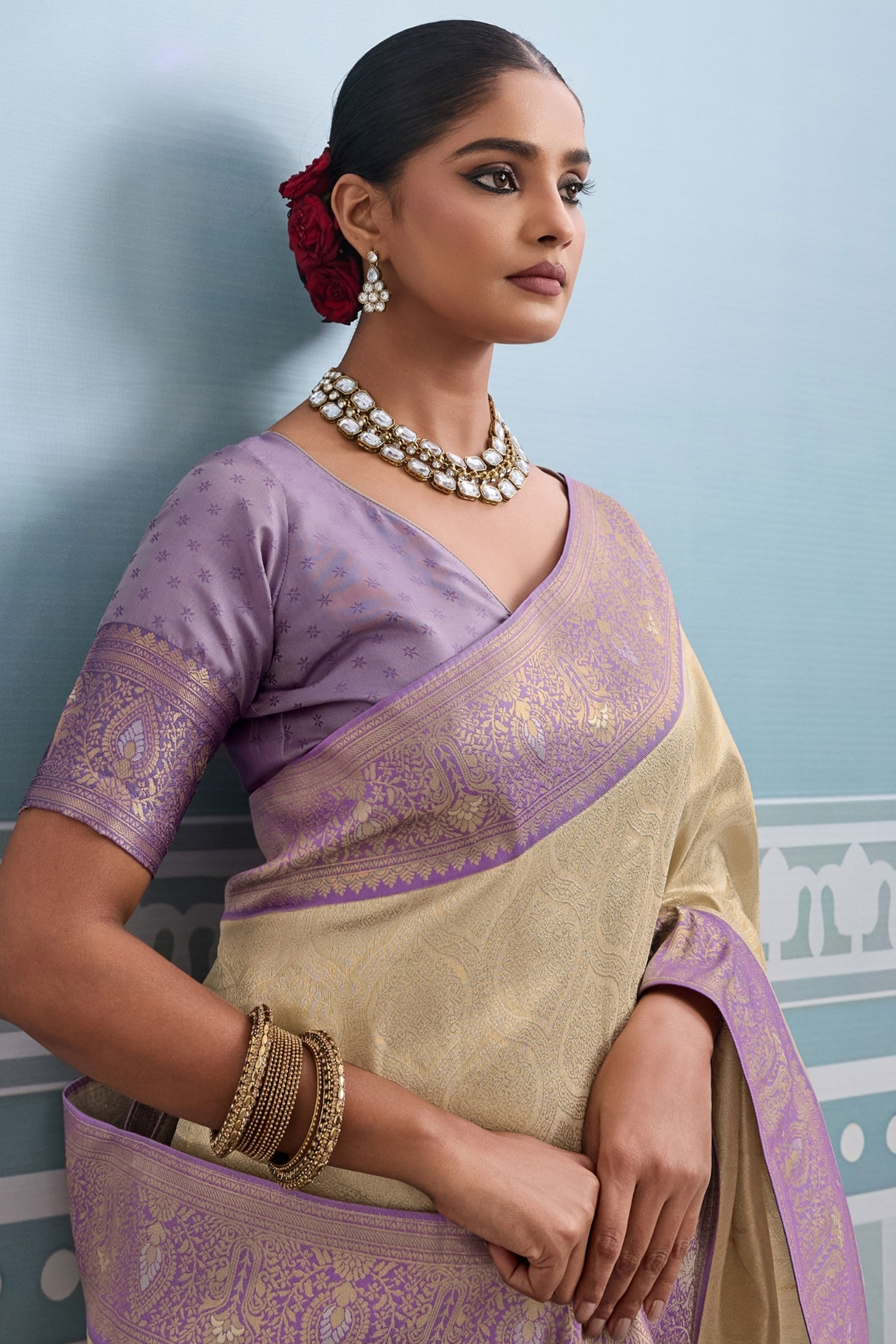 Beige Soft Kanjivaram Silk Saree with Classic Zari Weaving for Elegant Styling