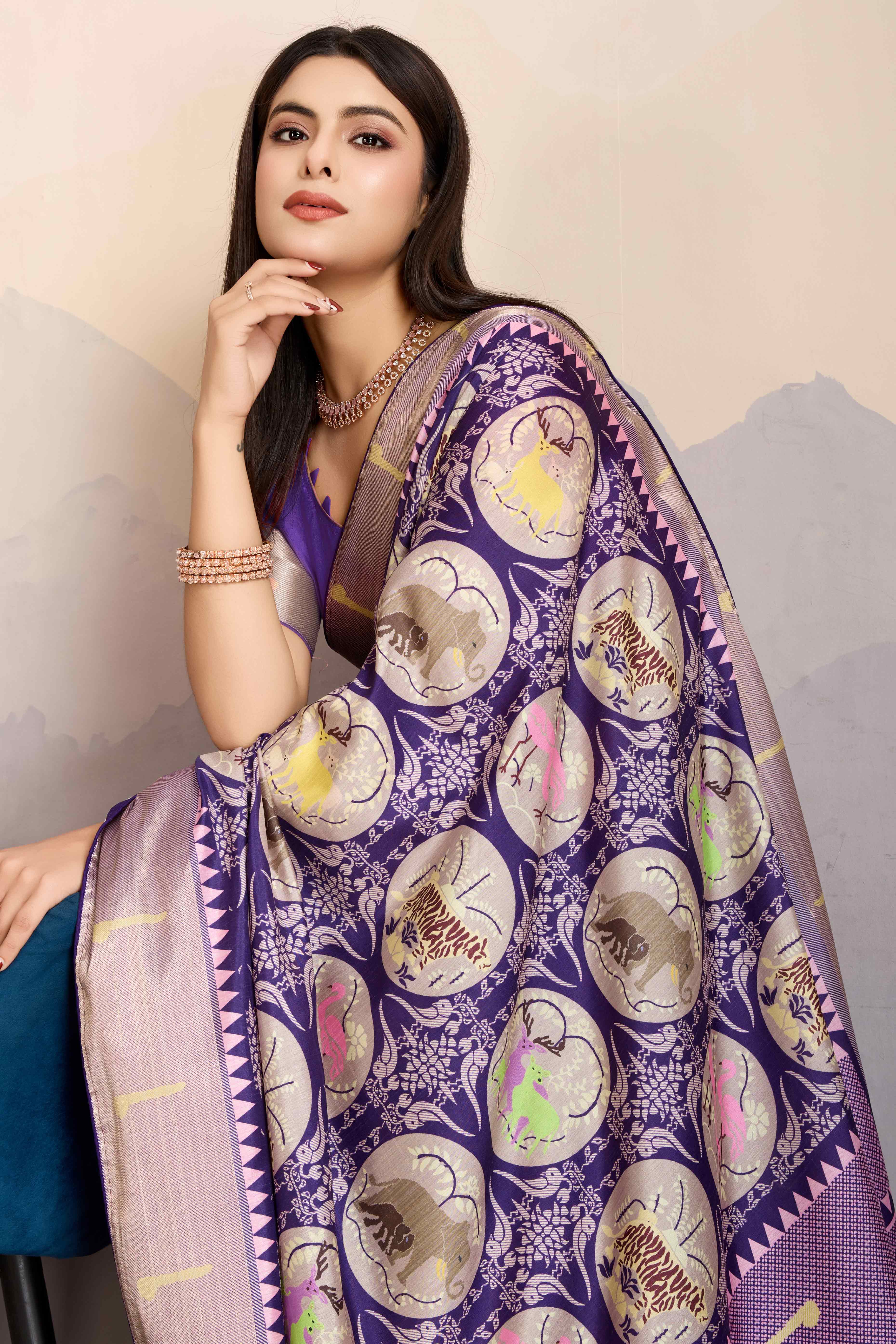 Purple Digital Printed Dola Silk Saree With Exquisite Weaving Zari Border & Opulent Pallu