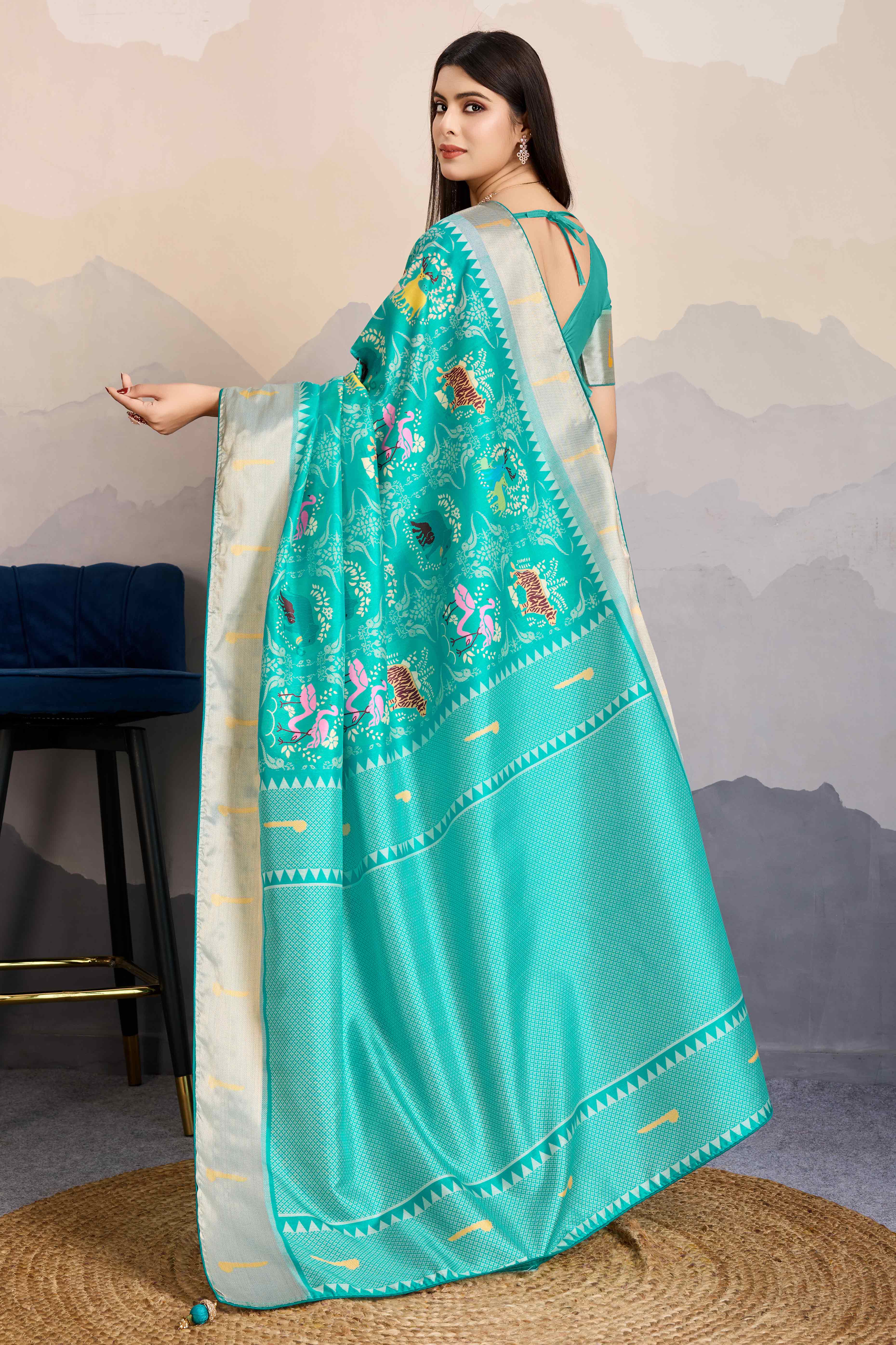 Turquoise Digital Printed Dola Silk Saree With Exquisite Weaving Zari Border & Opulent Pallu