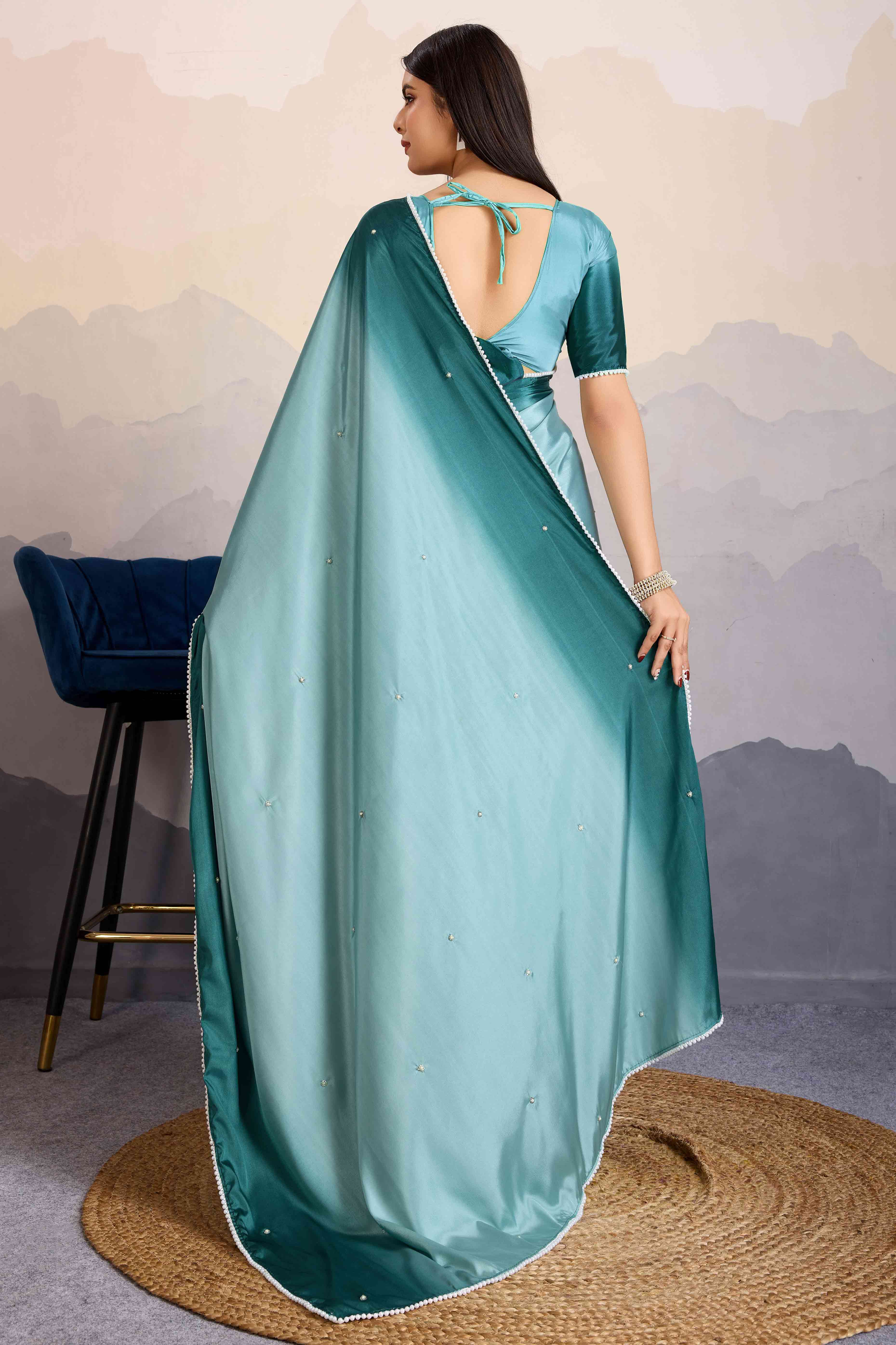 Sea Green Ombre Satin Saree with Delicate Bead Embellishments