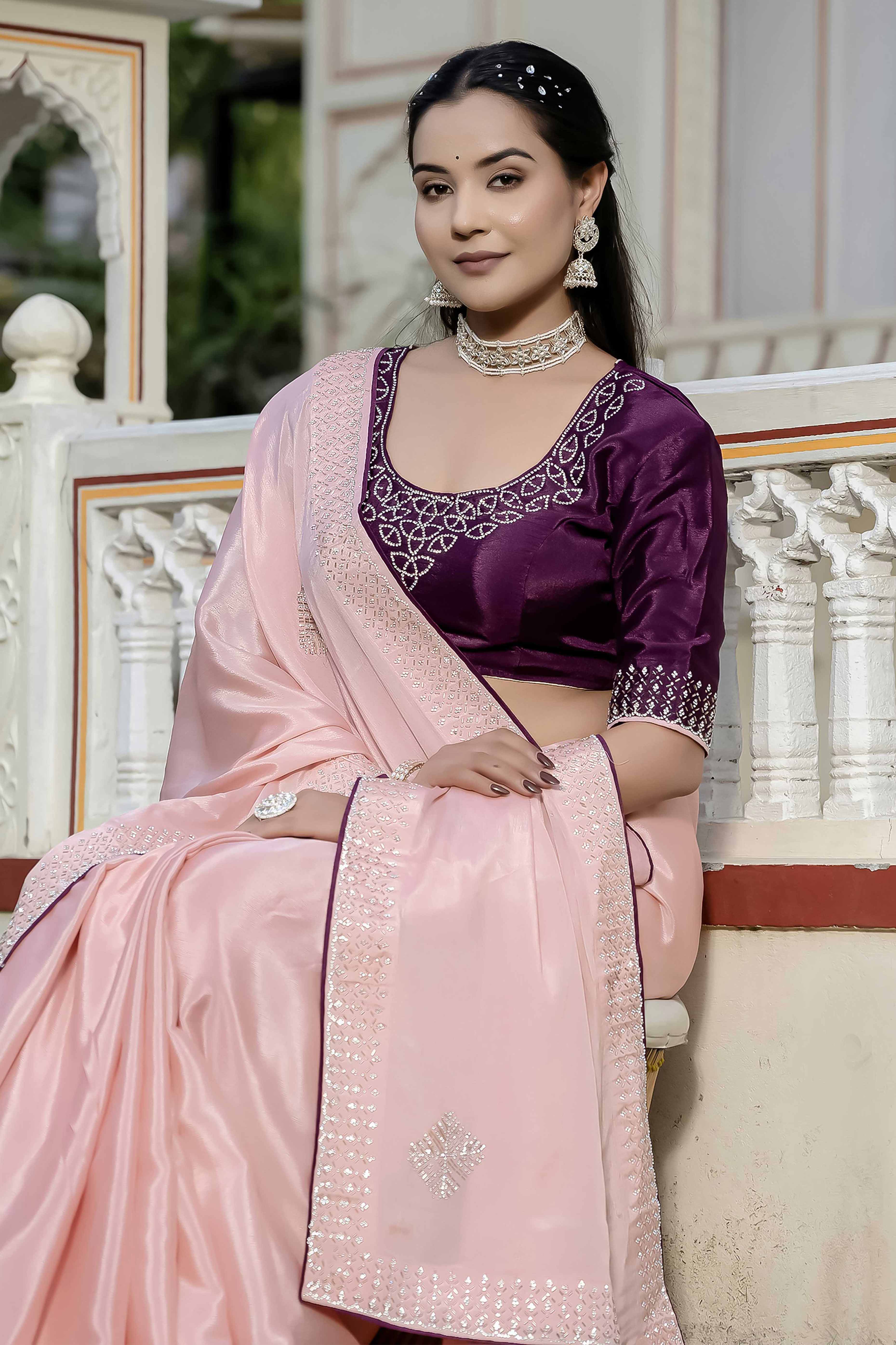 Pink Chinon Saree Adorned With Scattered Buttas & Intricate Beads & Zarkan Handwork