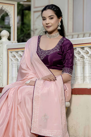 Pink Chinon Saree Adorned With Scattered Buttas & Intricate Beads & Zarkan Handwork