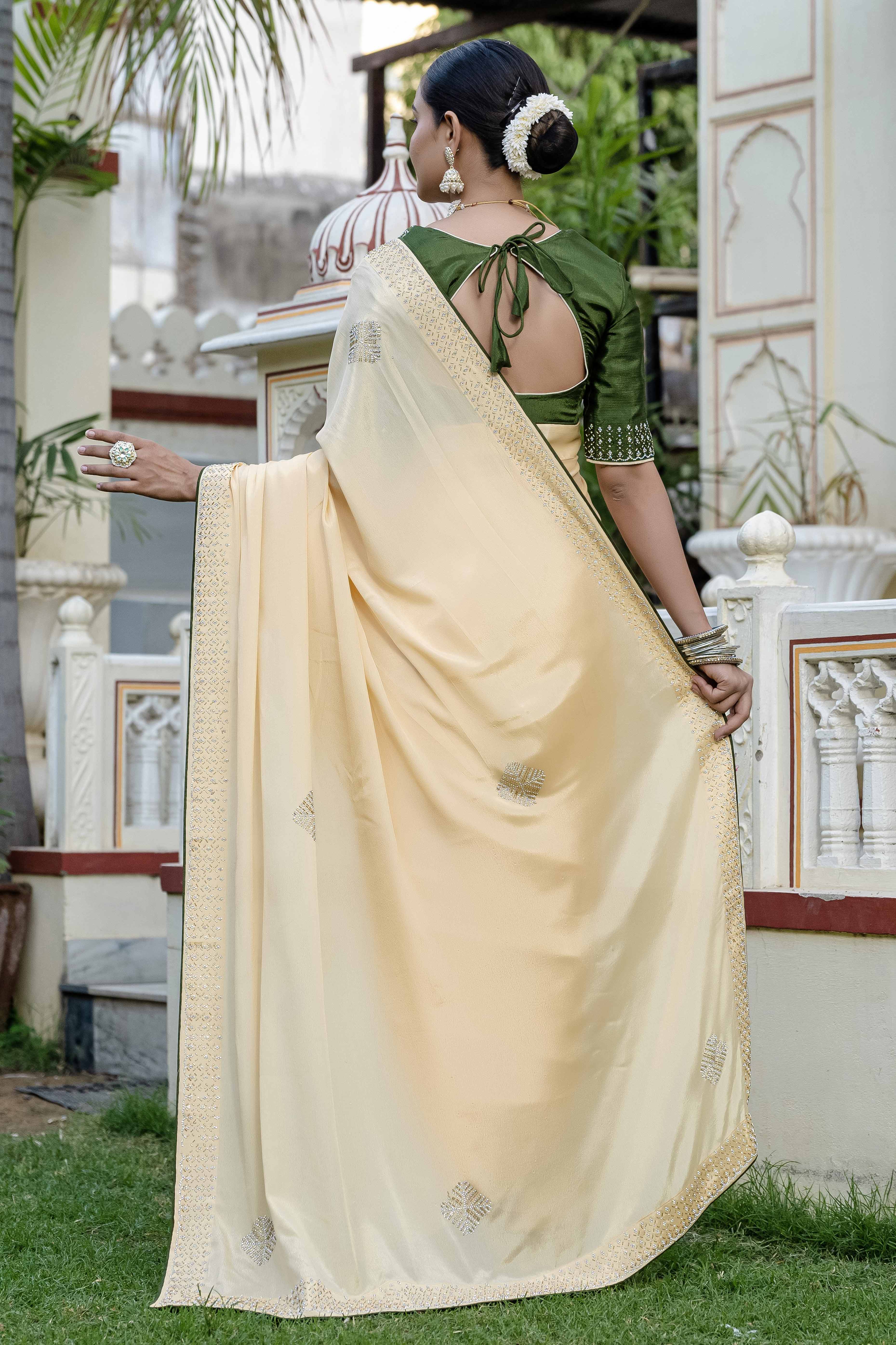 Yellow Chinon Saree Adorned With Scattered Buttas & Intricate Beads & Zarkan Handwork