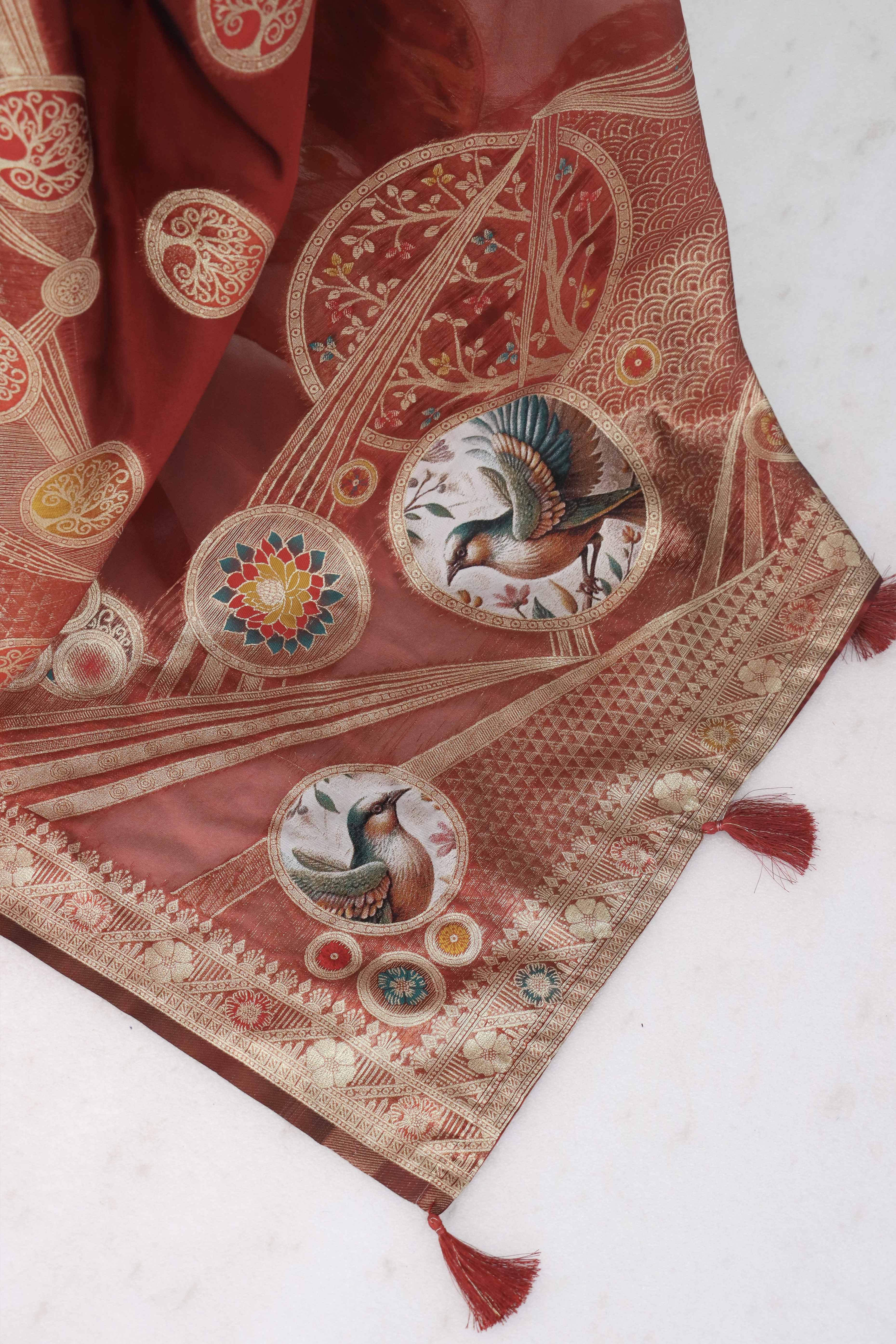 Charming Maroon Zari Woven Floral Organza Saree Accented With Digital Printed Pallu & Latkan