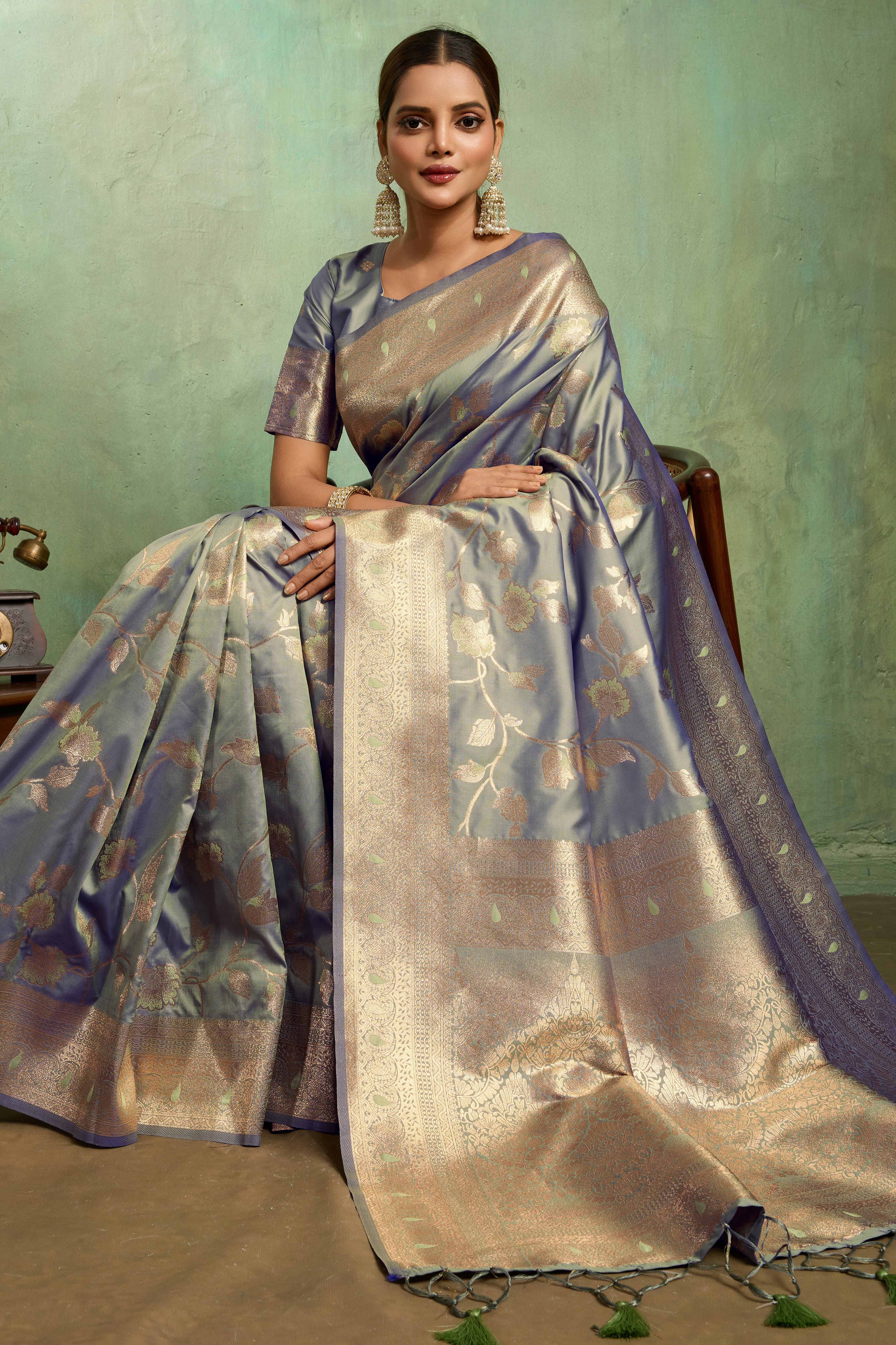 Blue Dual Tone Banarasi Silk Saree Accented with Meenakari Weaves