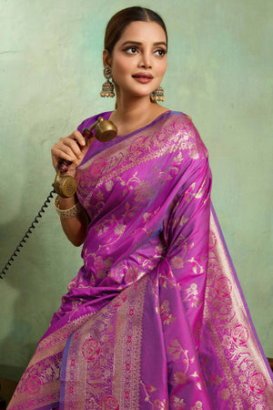 Purple Dual Tone Banarasi Silk Saree Accented with Meenakari Weaves