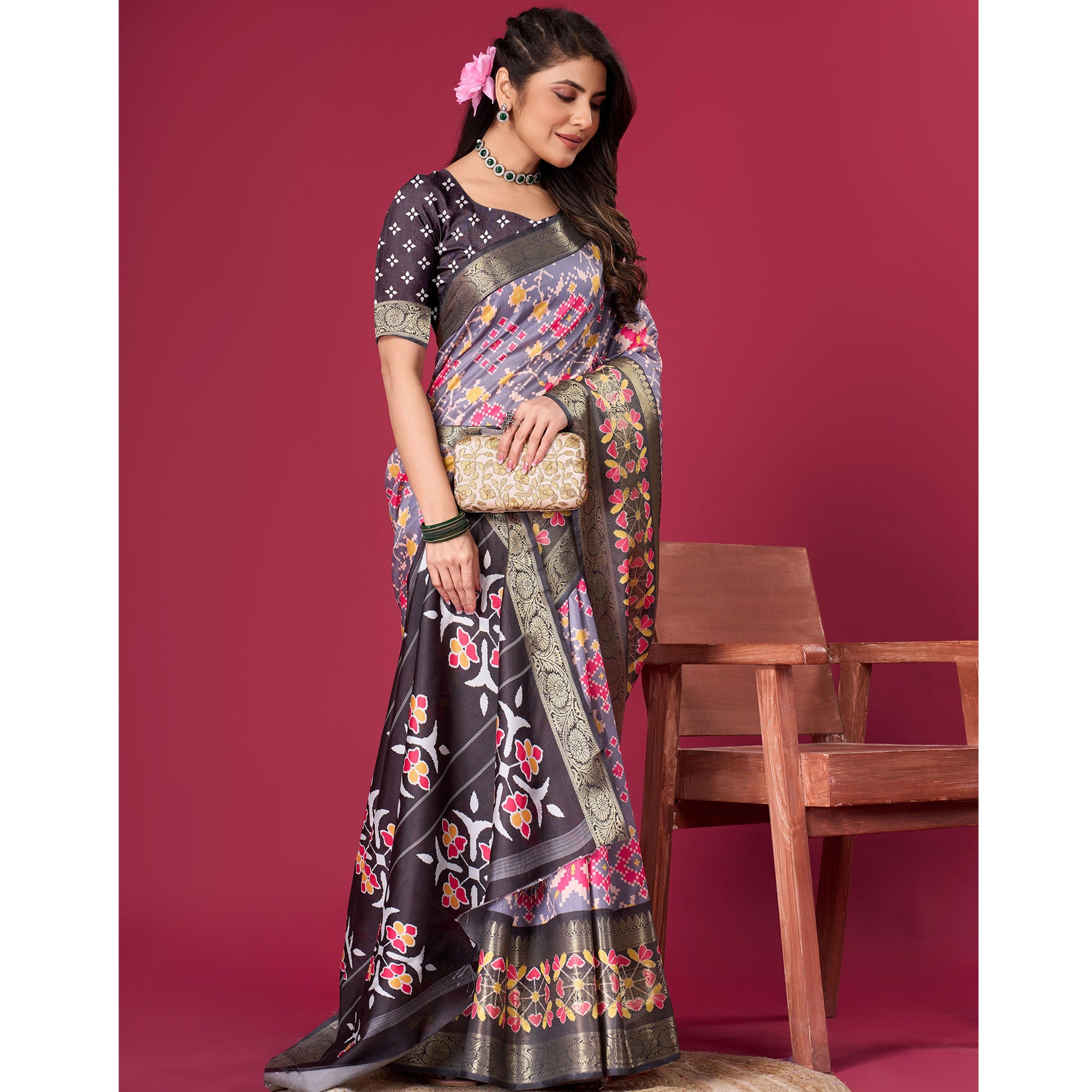 Grey & Black Digital Patola Printed With Woven Border Dola Silk Saree