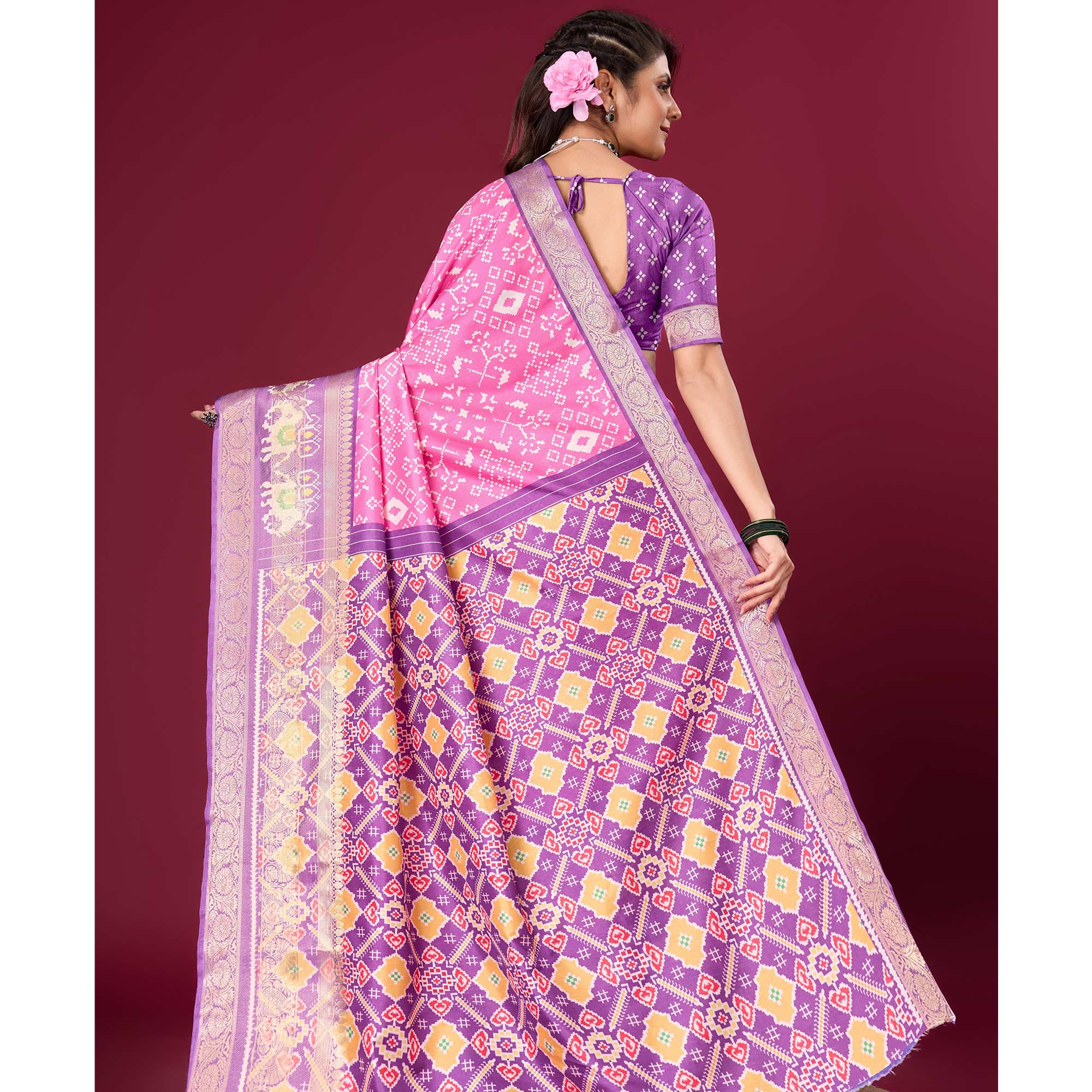 Pink & Purple Digital Patola Printed With Woven Border Dola Silk Saree
