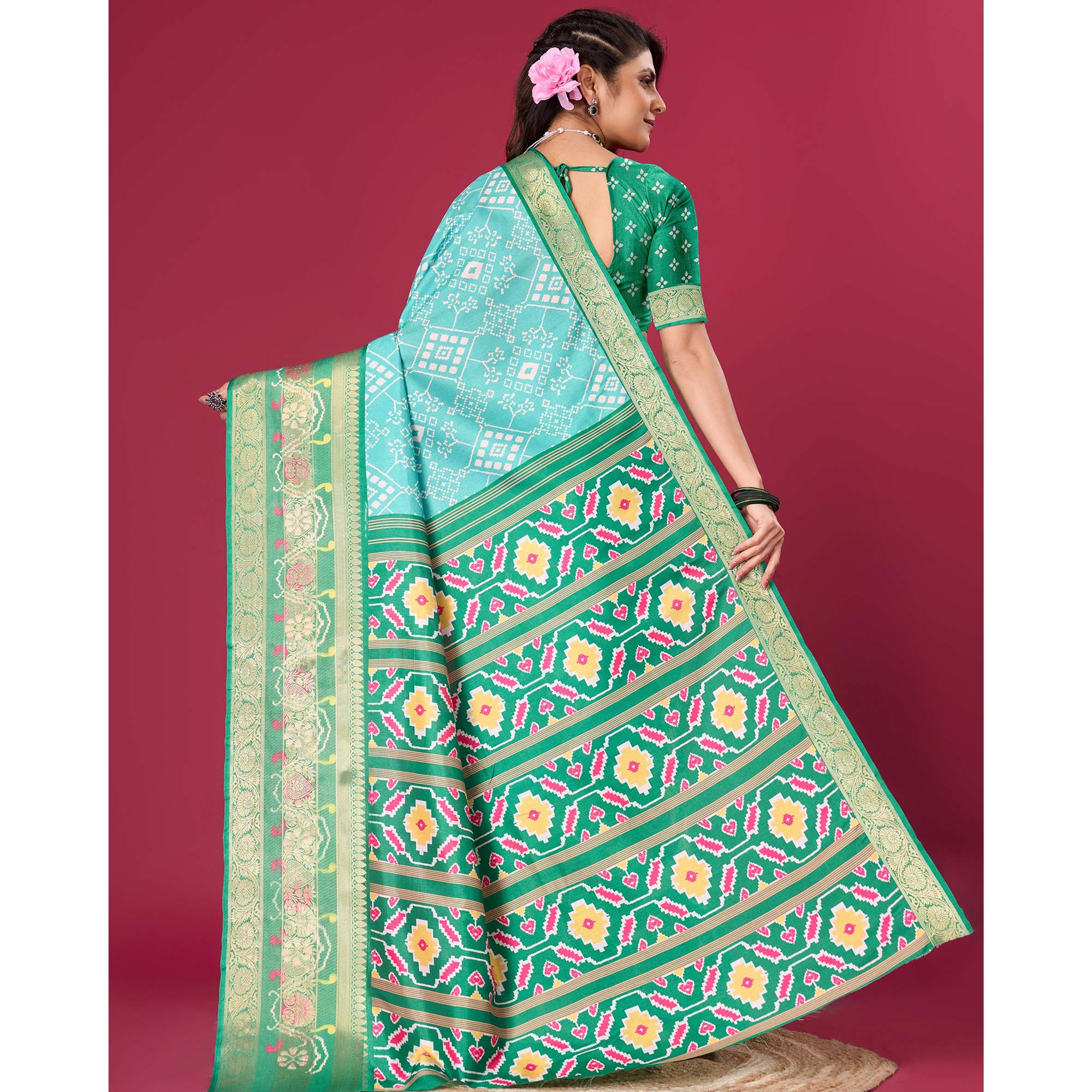 Turquoise & green Digital Patola Printed With Woven Border Dola Silk Saree