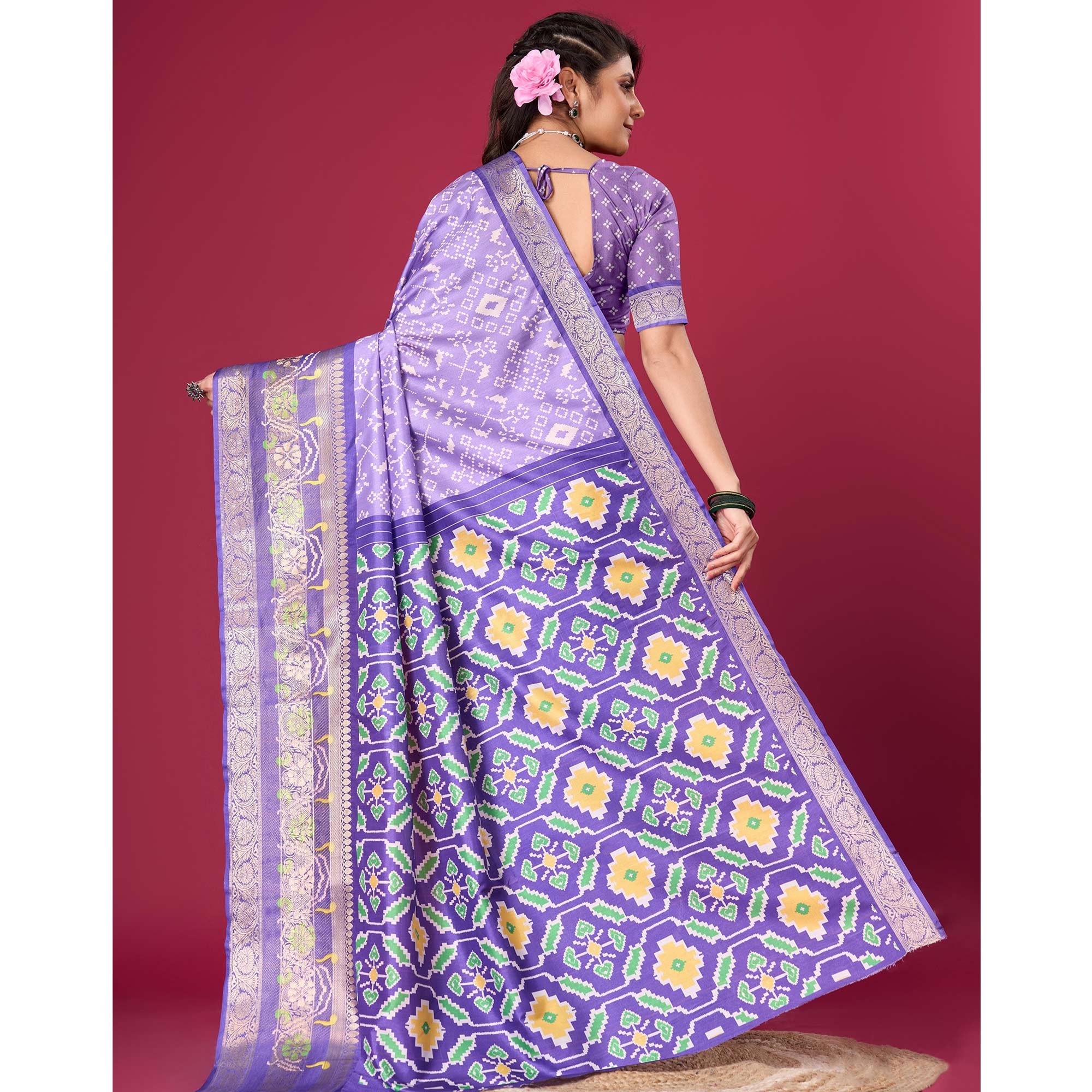 Lavender Digital Patola Printed With Woven Border Dola Silk Saree
