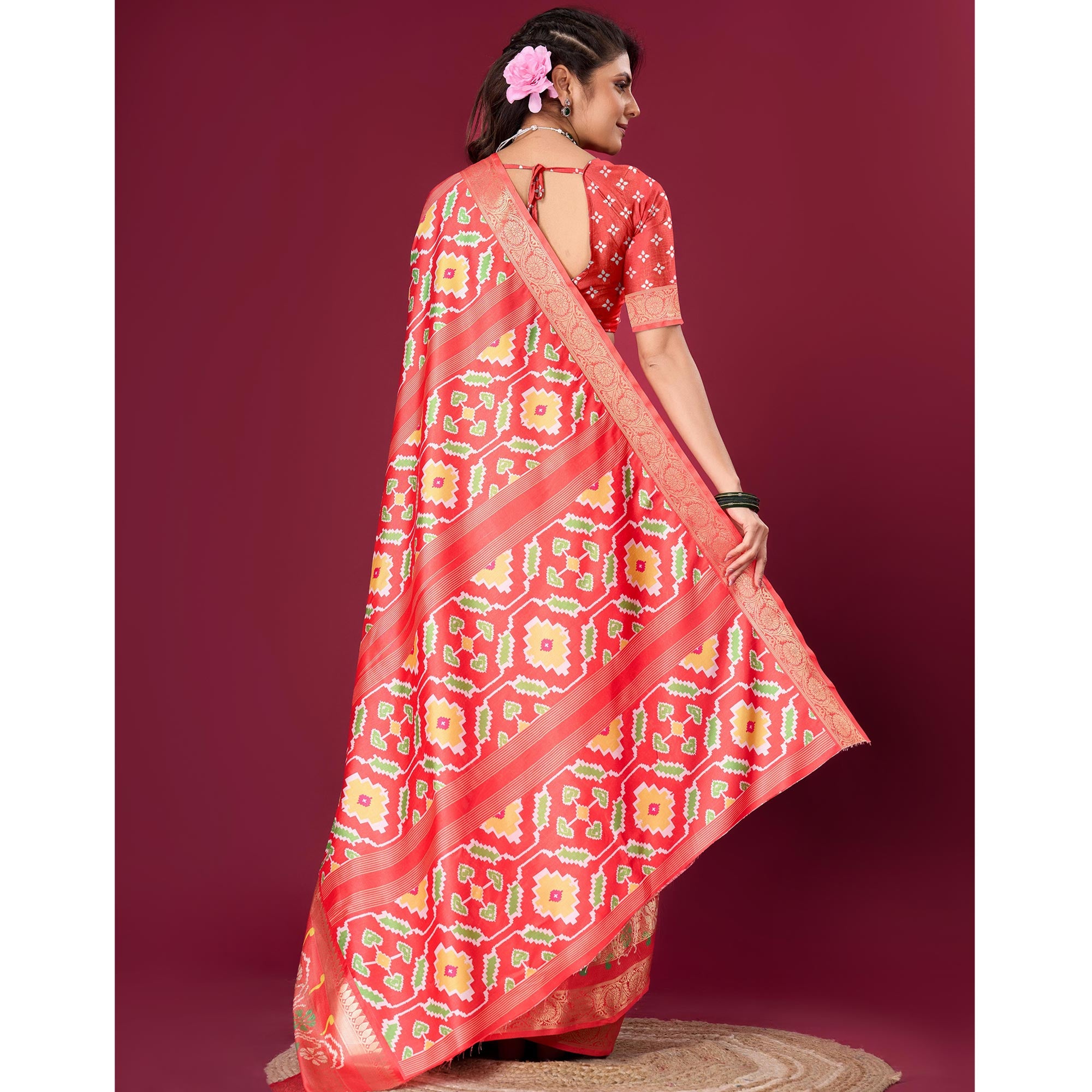 Pink & Red Digital Patola Printed With Woven Border Dola Silk Saree