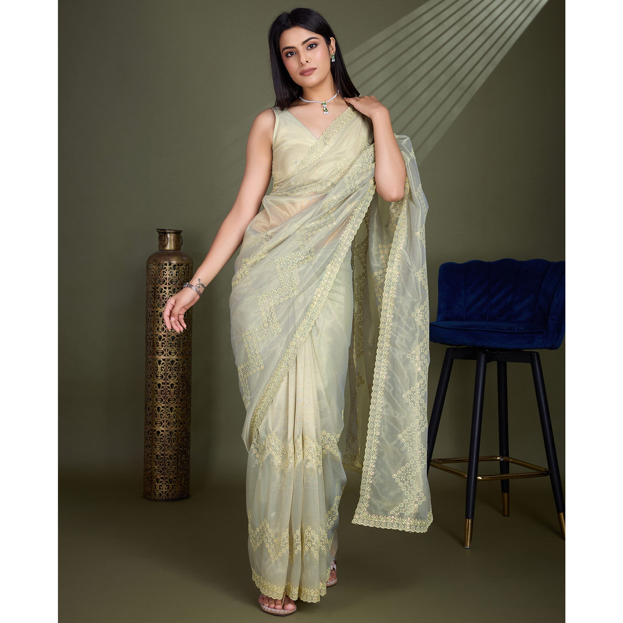 Light Olive Green Sequins Embroidered Shimmer Net Saree