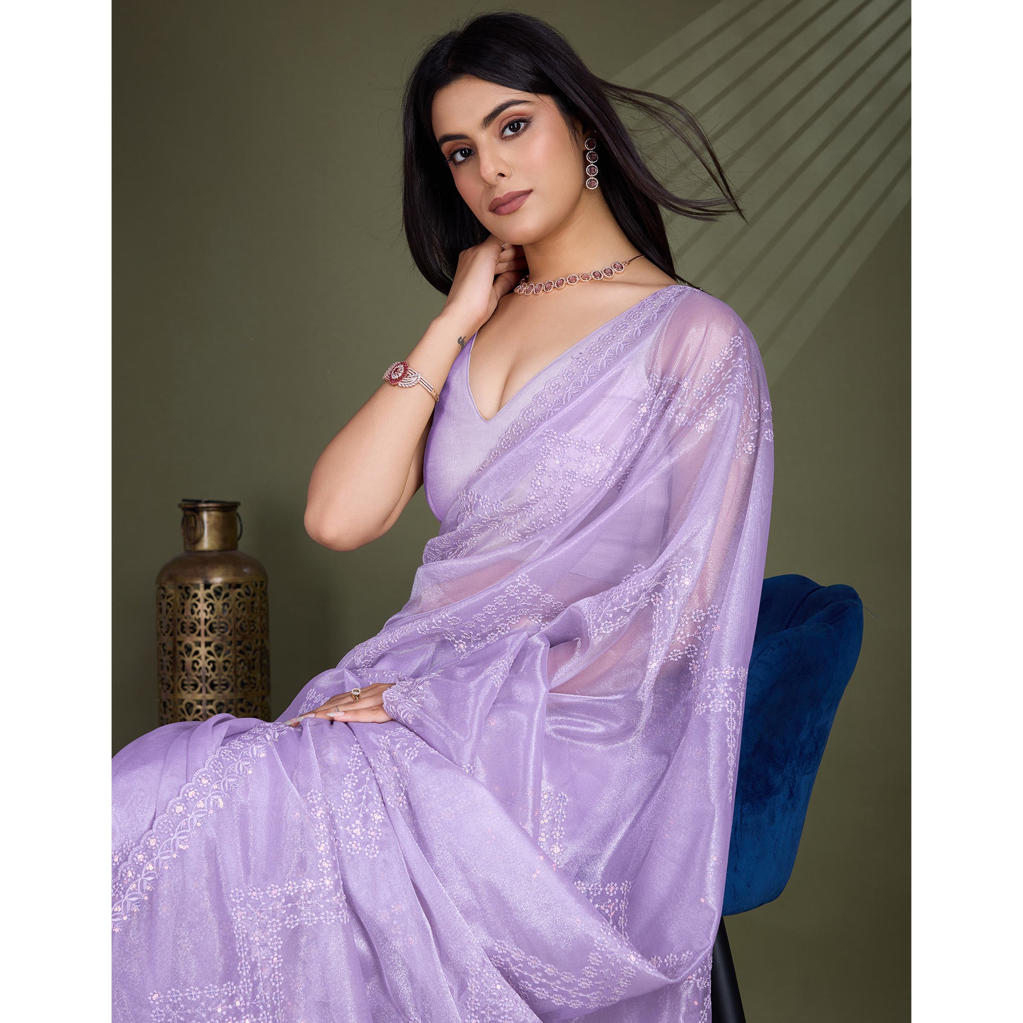 Lavender Sequins Embroidered Shimmer Net Saree