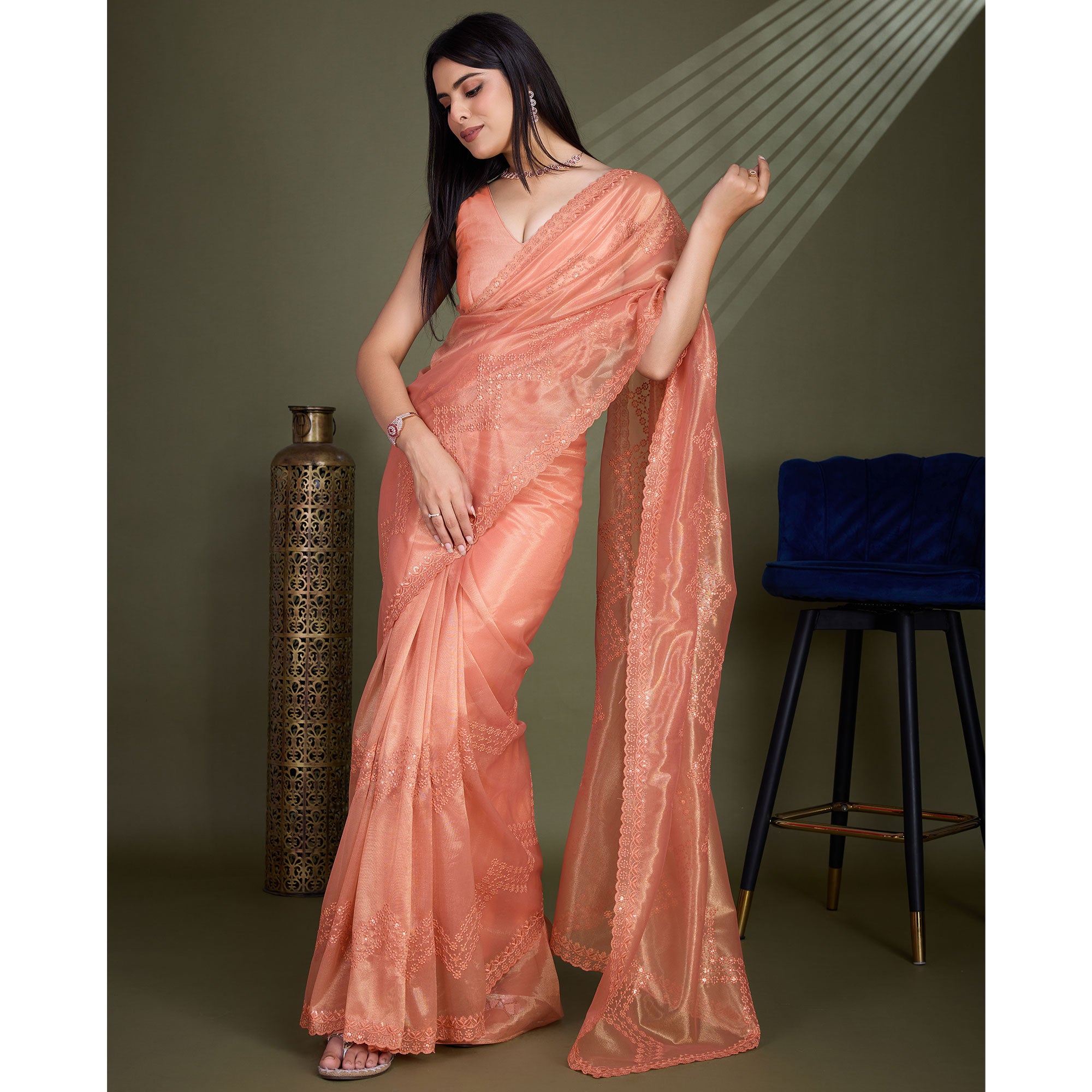 Peach Sequins Embroidered Shimmer Net Saree