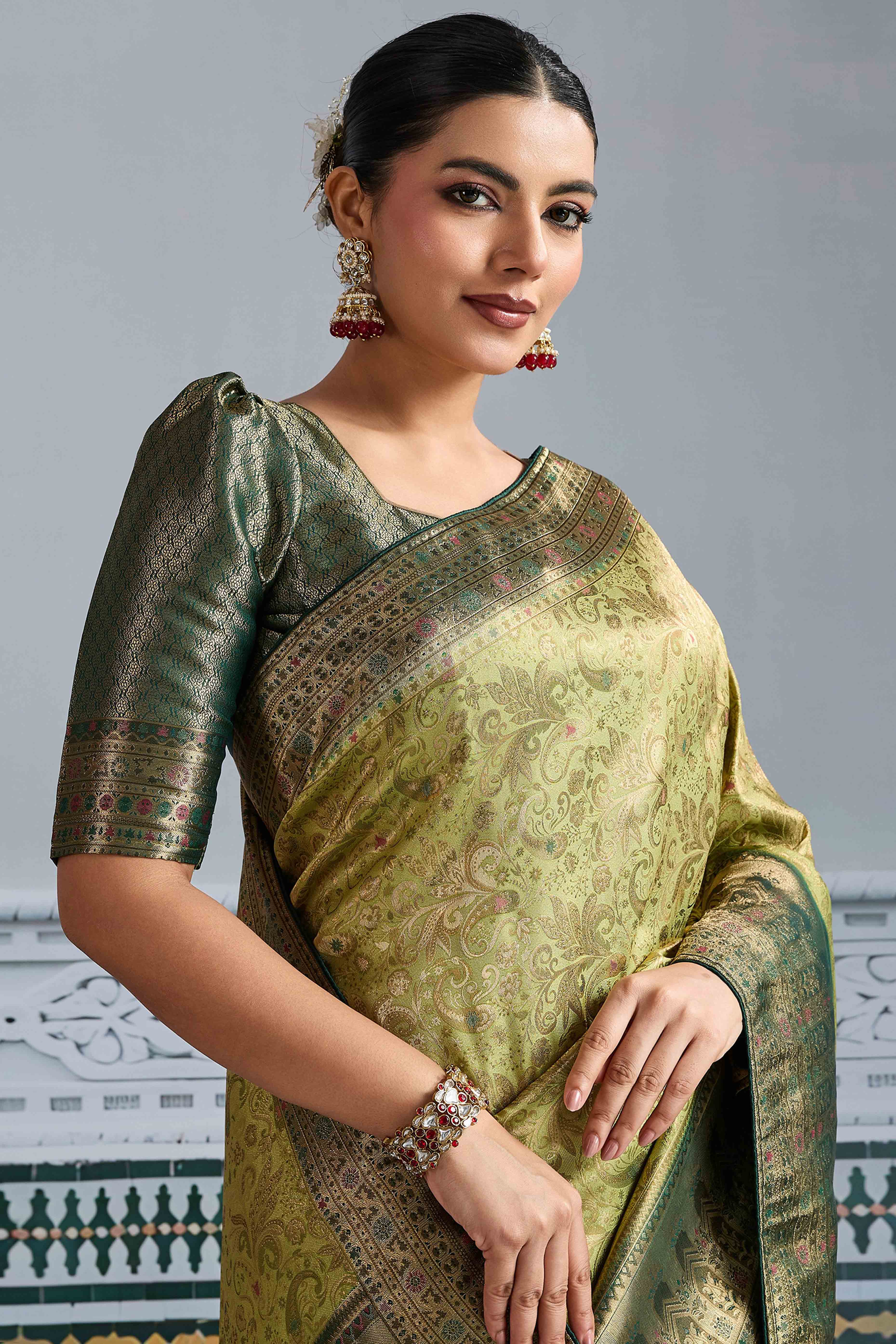 Pista Green Floral Meenakari Weaving Kanjivaram Silk Saree With Rich Piping & Tassel Pallu