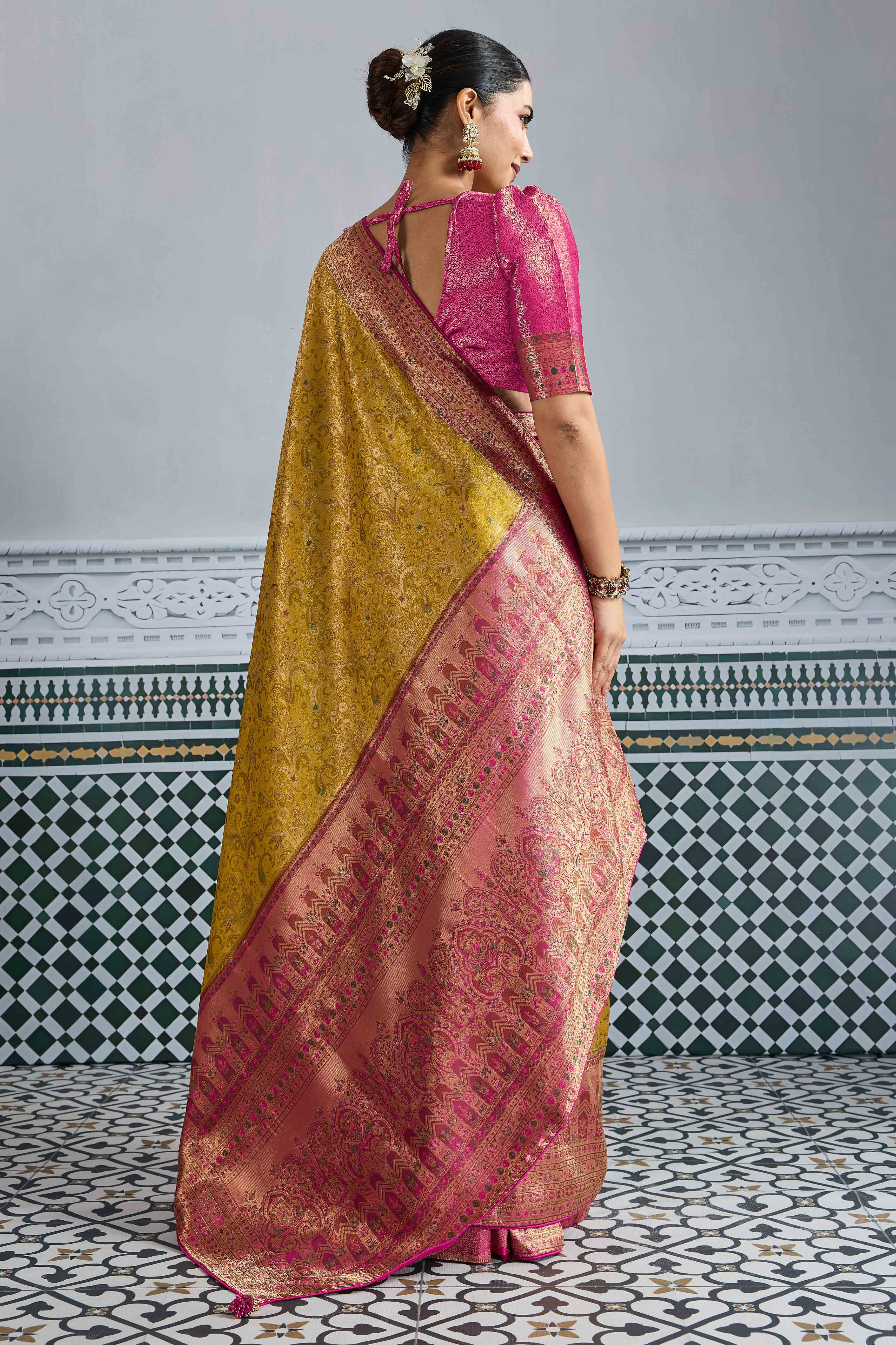 Mustard Floral Meenakari Weaving Kanjivaram Silk Saree With Rich Piping & Tassel Pallu