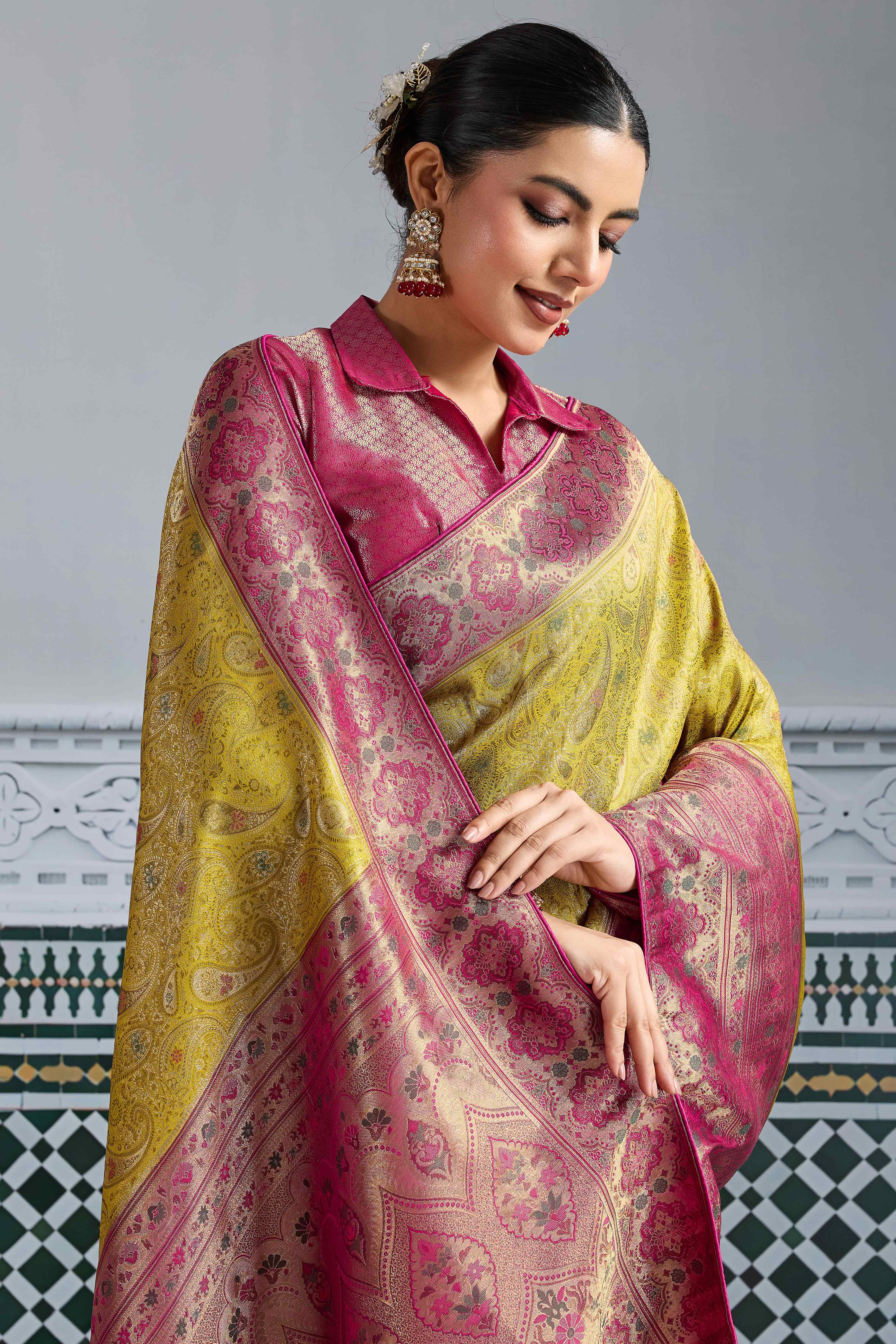 Mustard Meenakari Woven Kanjivaram Silk Saree For Festive Elegance