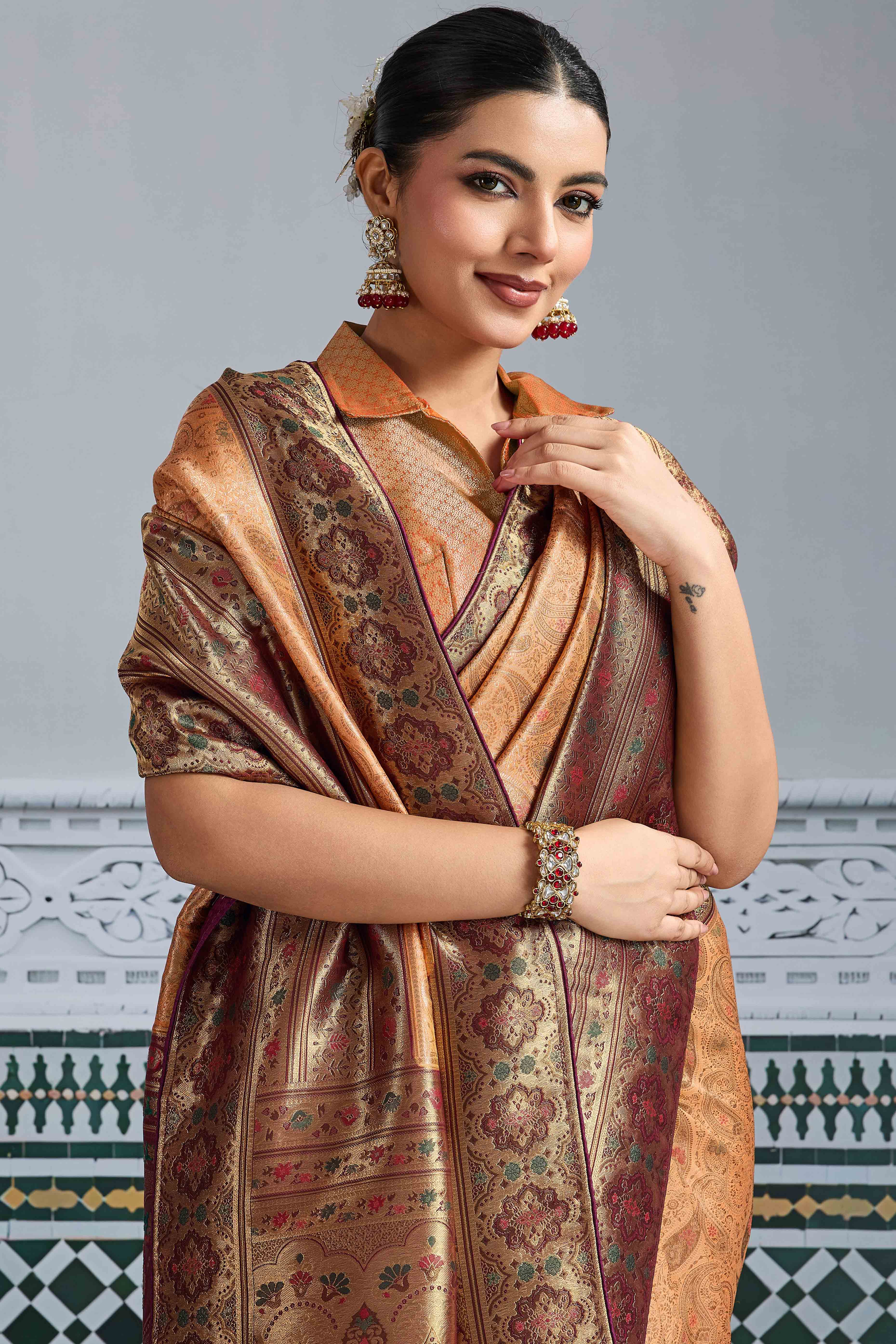 Peach Meenakari Woven Kanjivaram Silk Saree For Festive Elegance