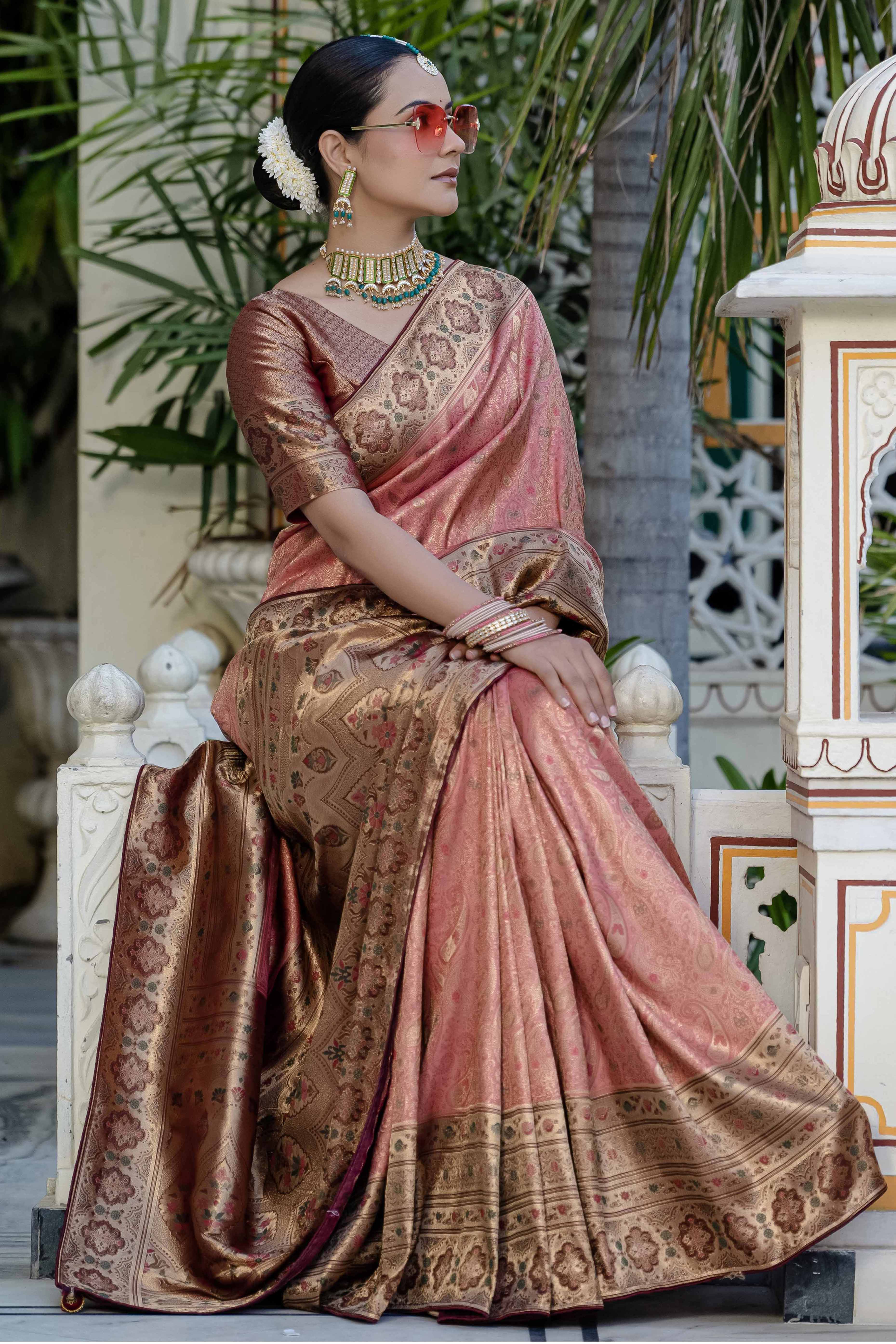 Gajari Pink Kanjivaram Silk Saree Showcasing Floral Meenakari Zari Weaving With Piping & Tassels