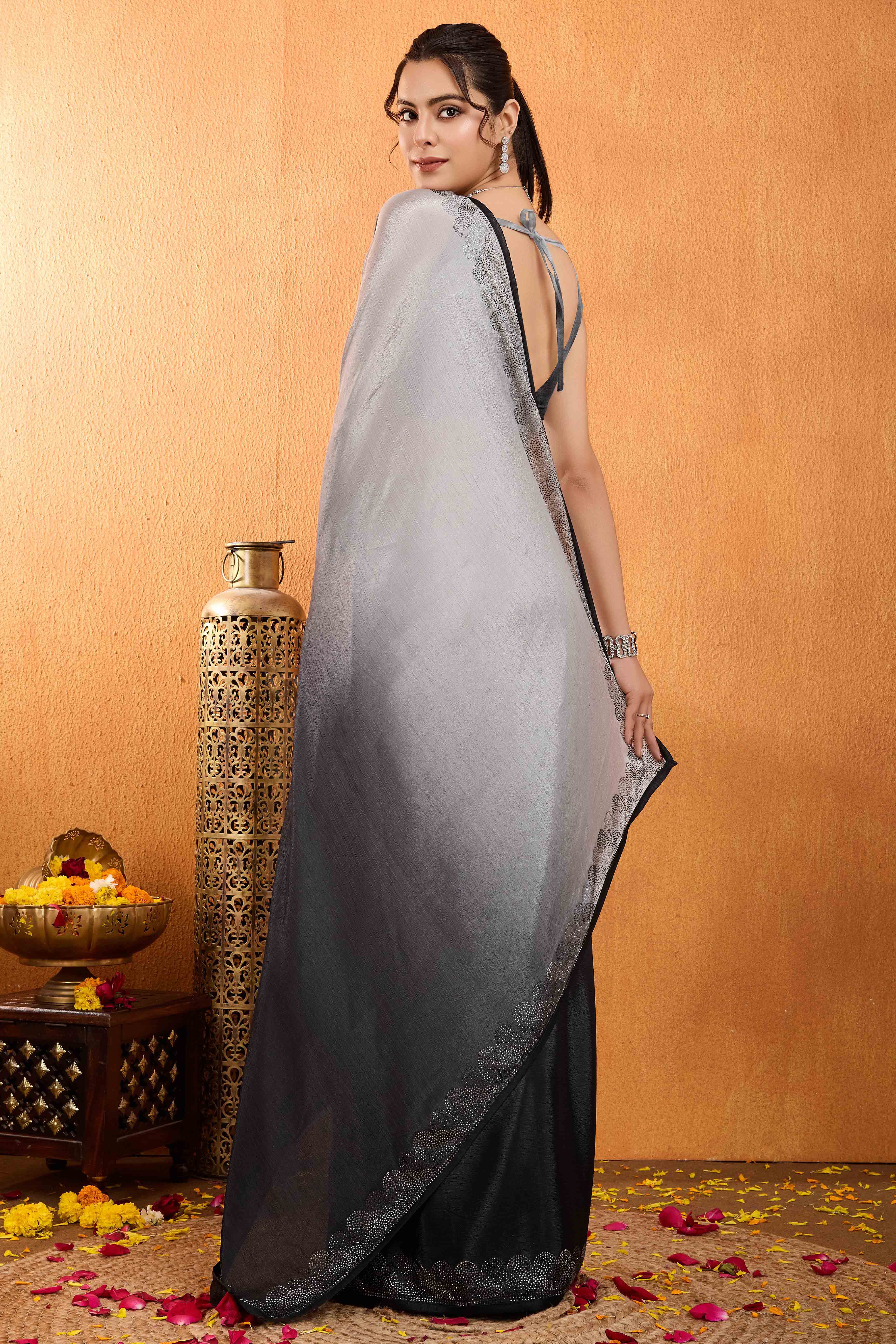Black Dual Tone Swarovski Work Chinon Ombre Saree