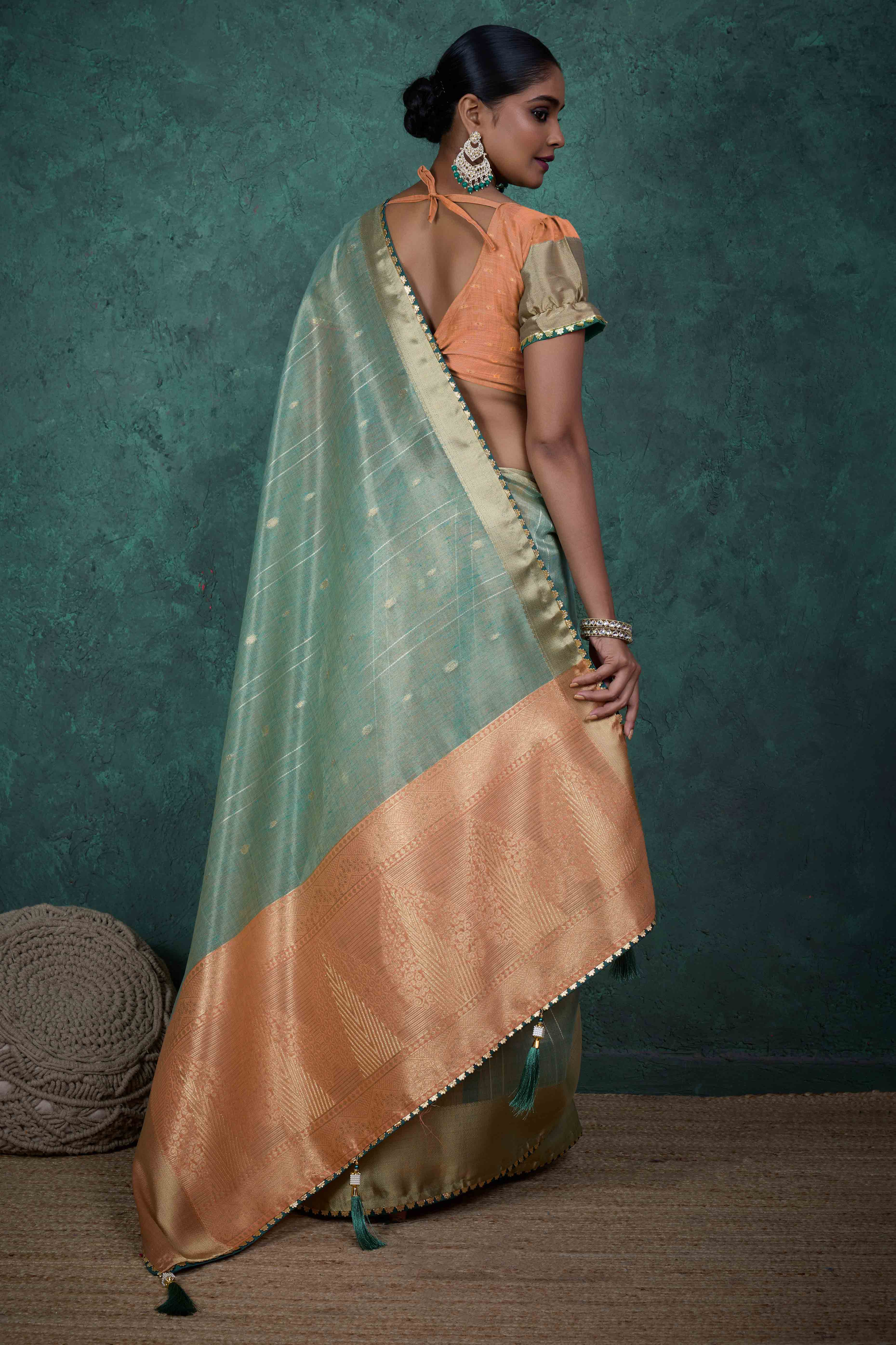 Sea Green Ethnic Cotton Blend Saree with Shimmering Zari Butti Weaves