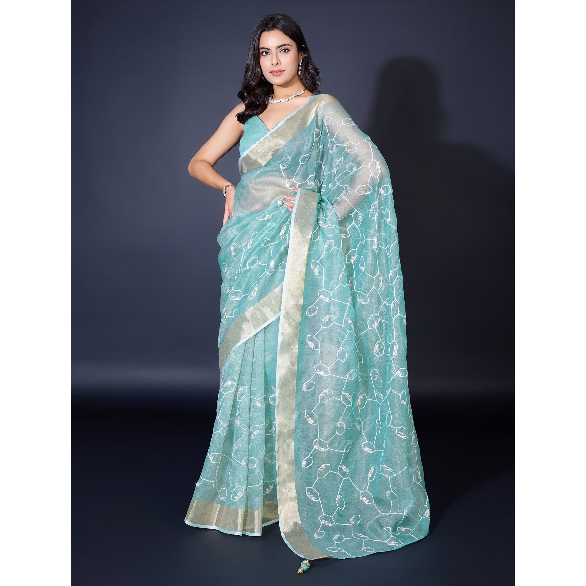 Blue Sequins Embroidered Cotton Silk Saree