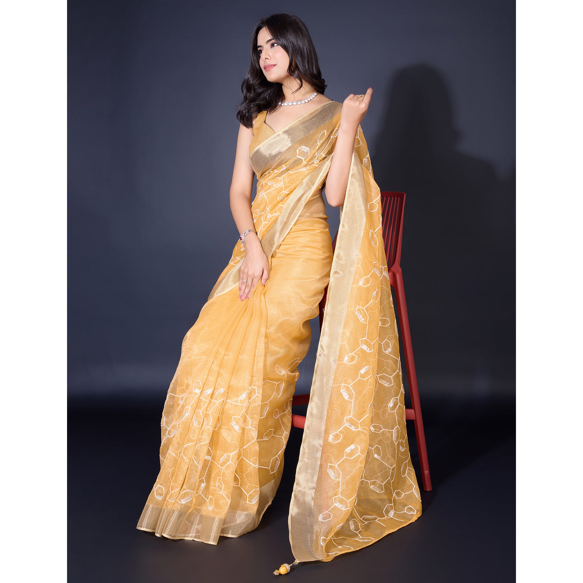 Yellow Sequins Embroidered Cotton Silk Saree