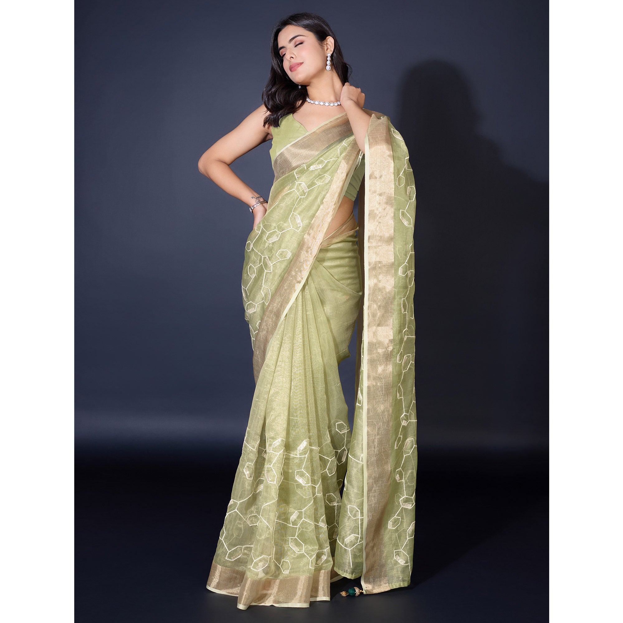 Green Sequins Embroidered Cotton Silk Saree