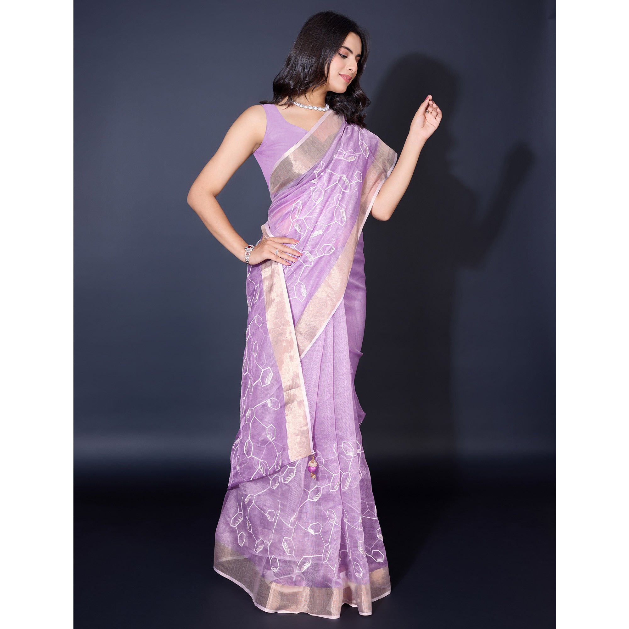 Lavender Sequins Embroidered Cotton Silk Saree