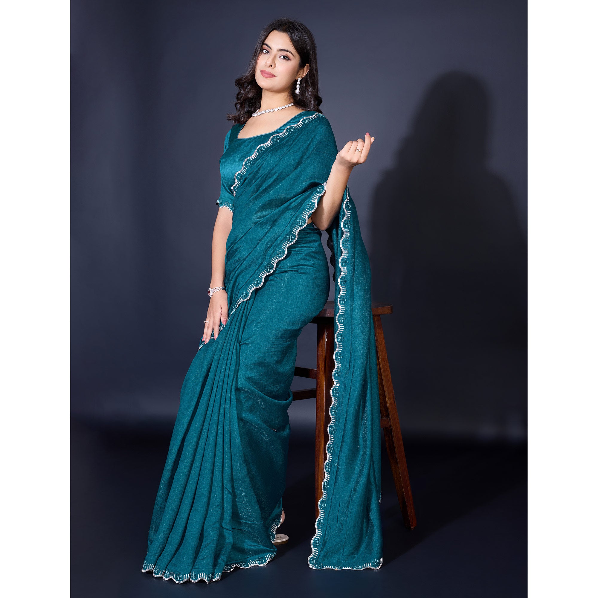 Teal Pearl Work Embroidered Khaadi Saree