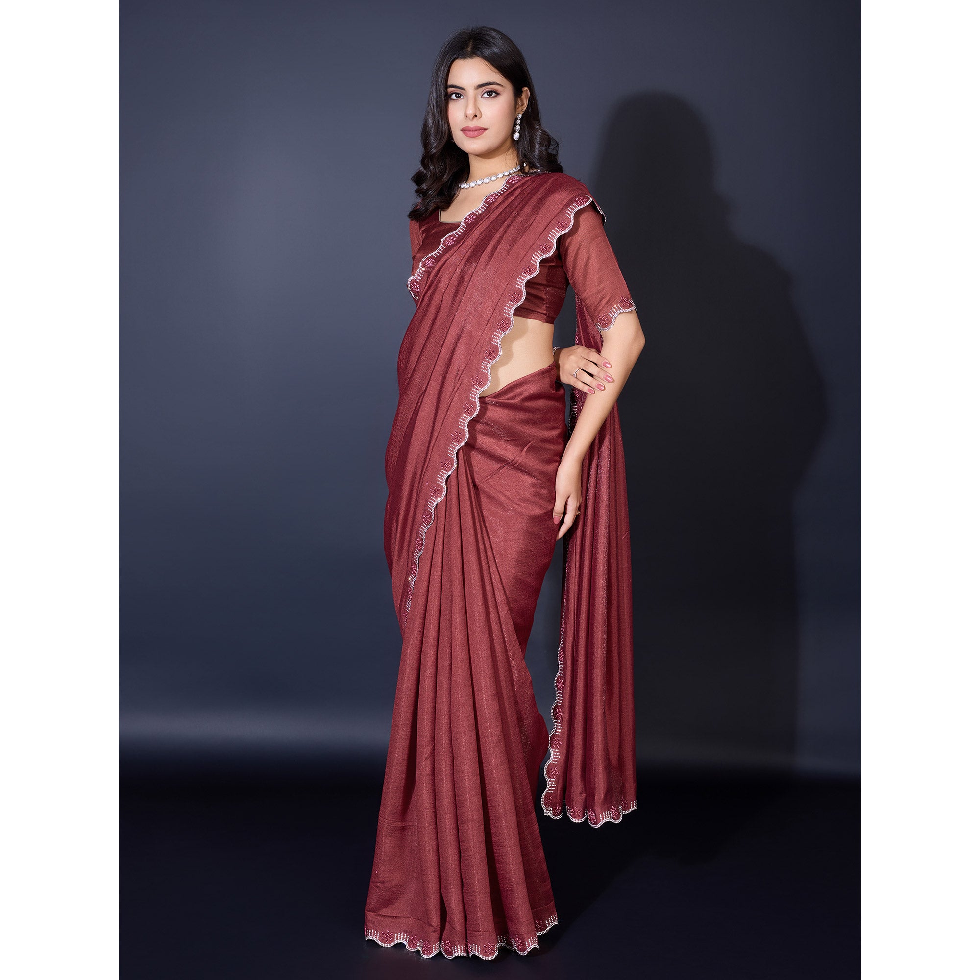 Brown Pearl Work Embroidered Khaadi Saree