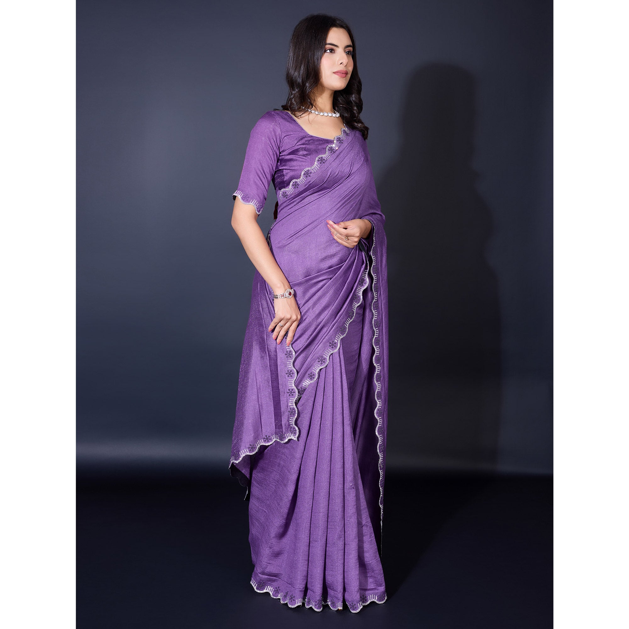 Lavender Pearl Work Embroidered Khaadi Saree