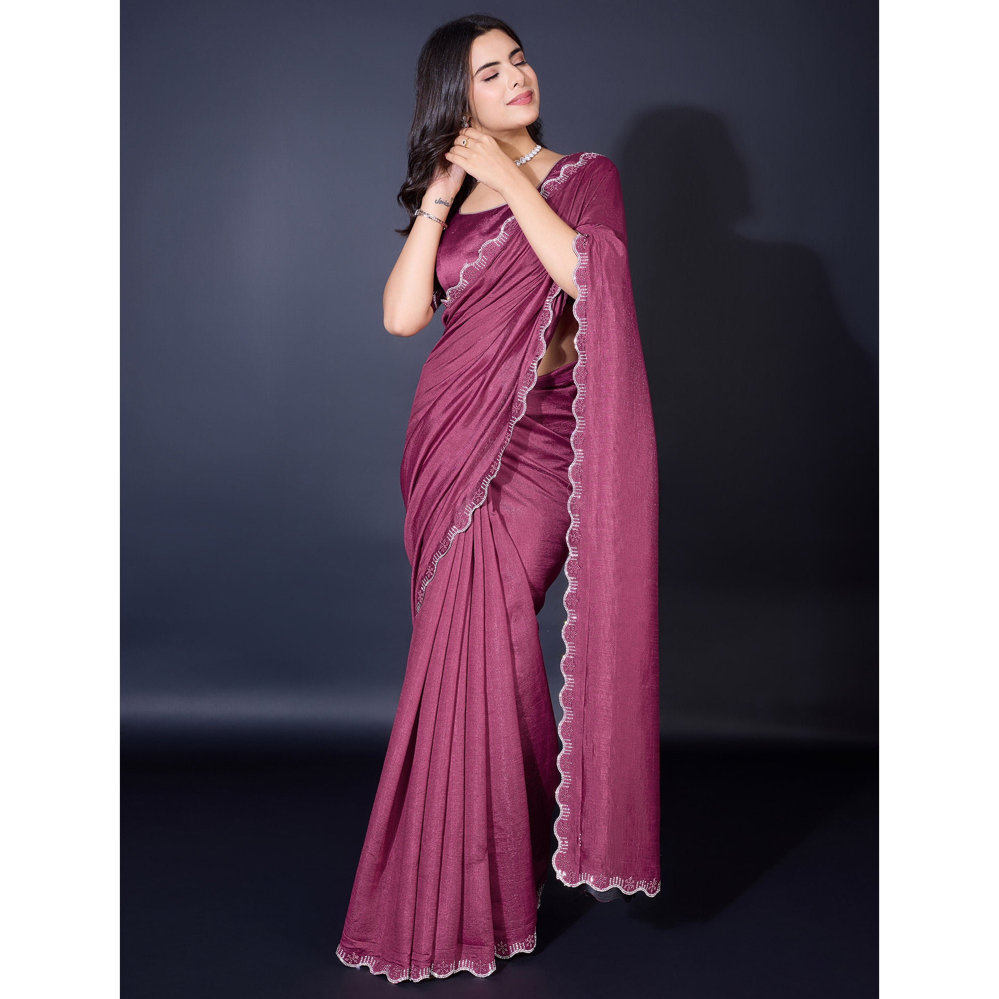 Mauve Pearl Work Embroidered Khaadi Saree