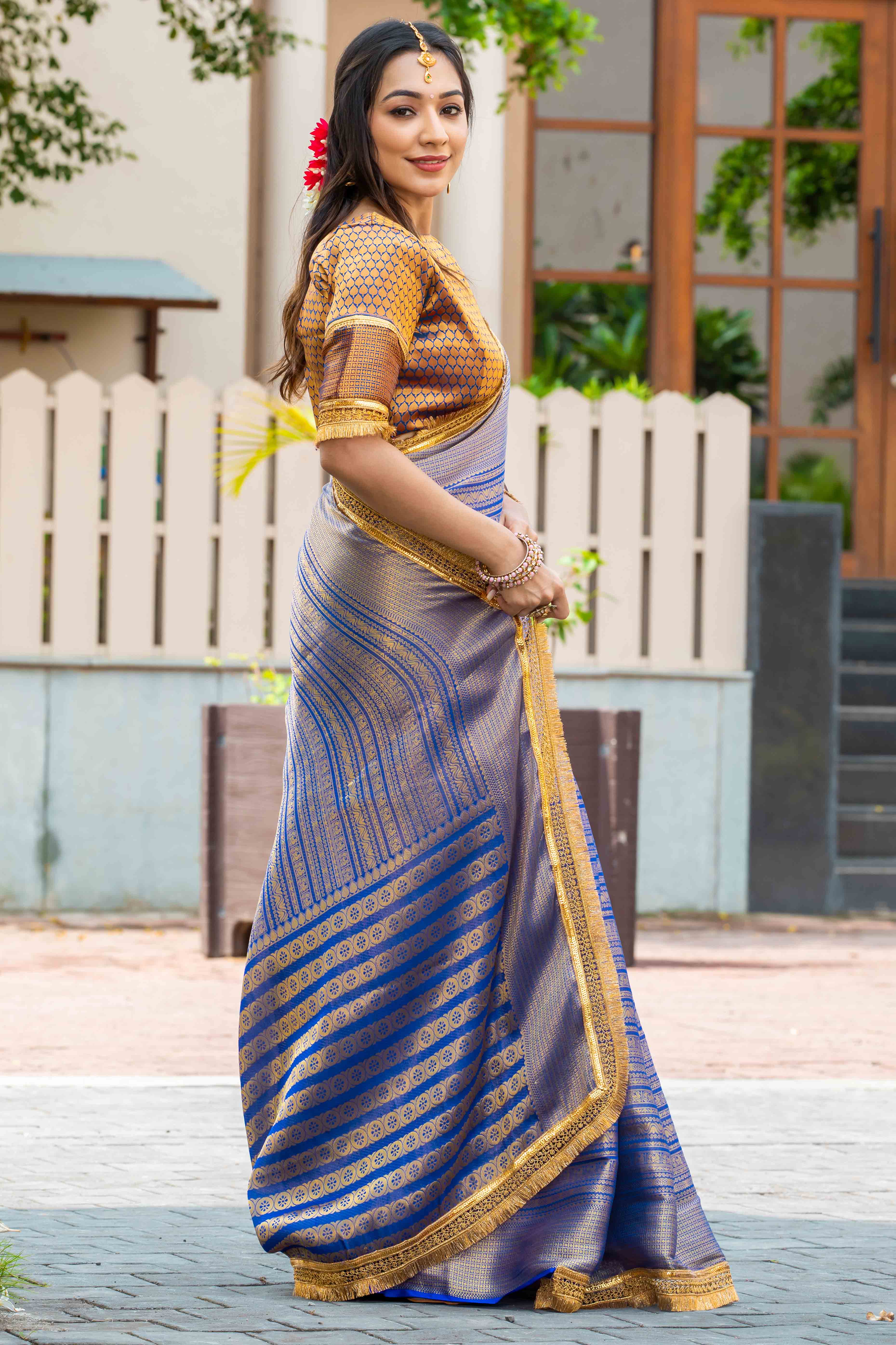 Blue Zari Weaving Mysore Brocade Silk Saree With Zari Border