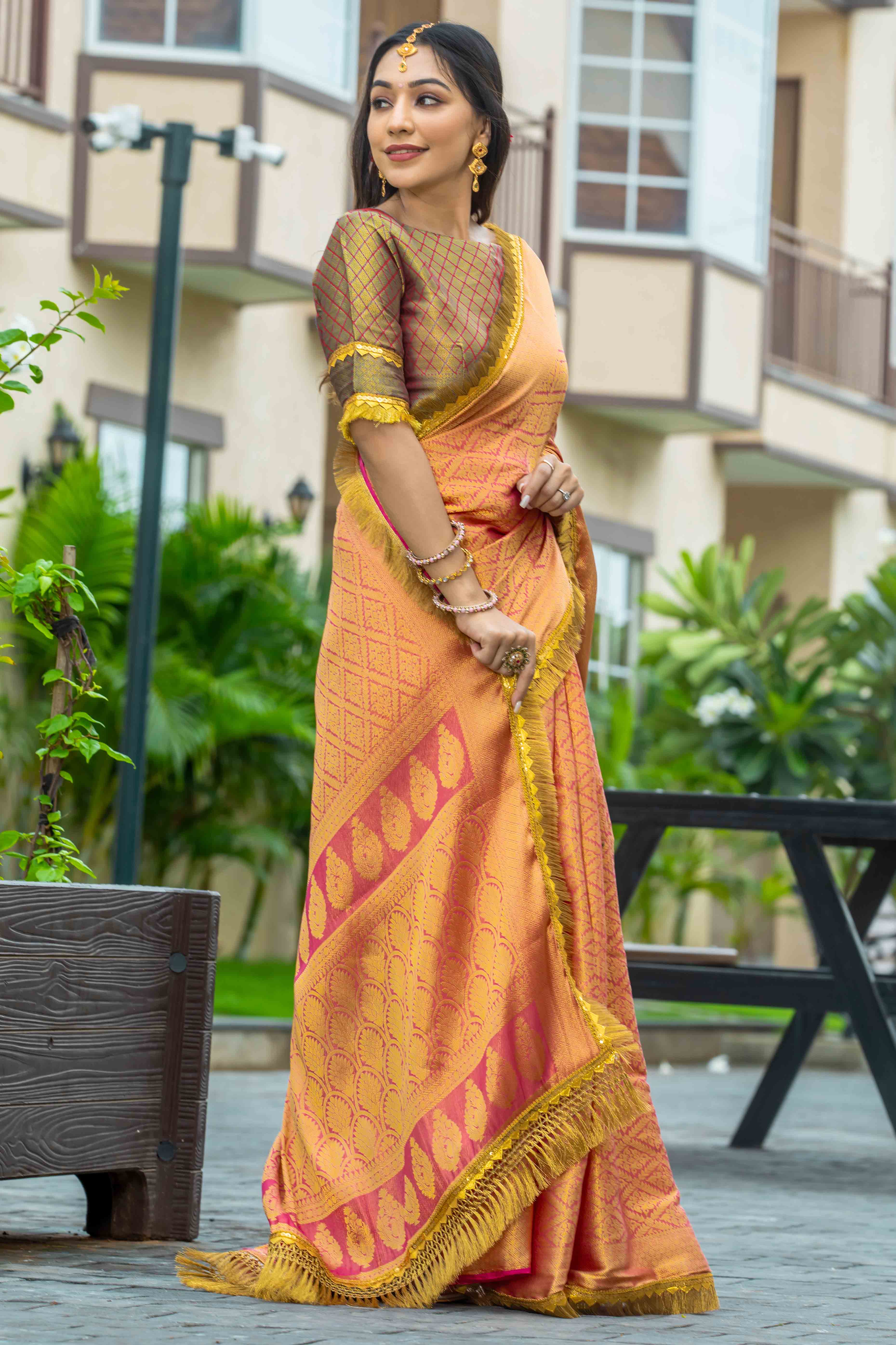 Orange Zari Weaving Mysore Brocade Silk Saree With Zari Border